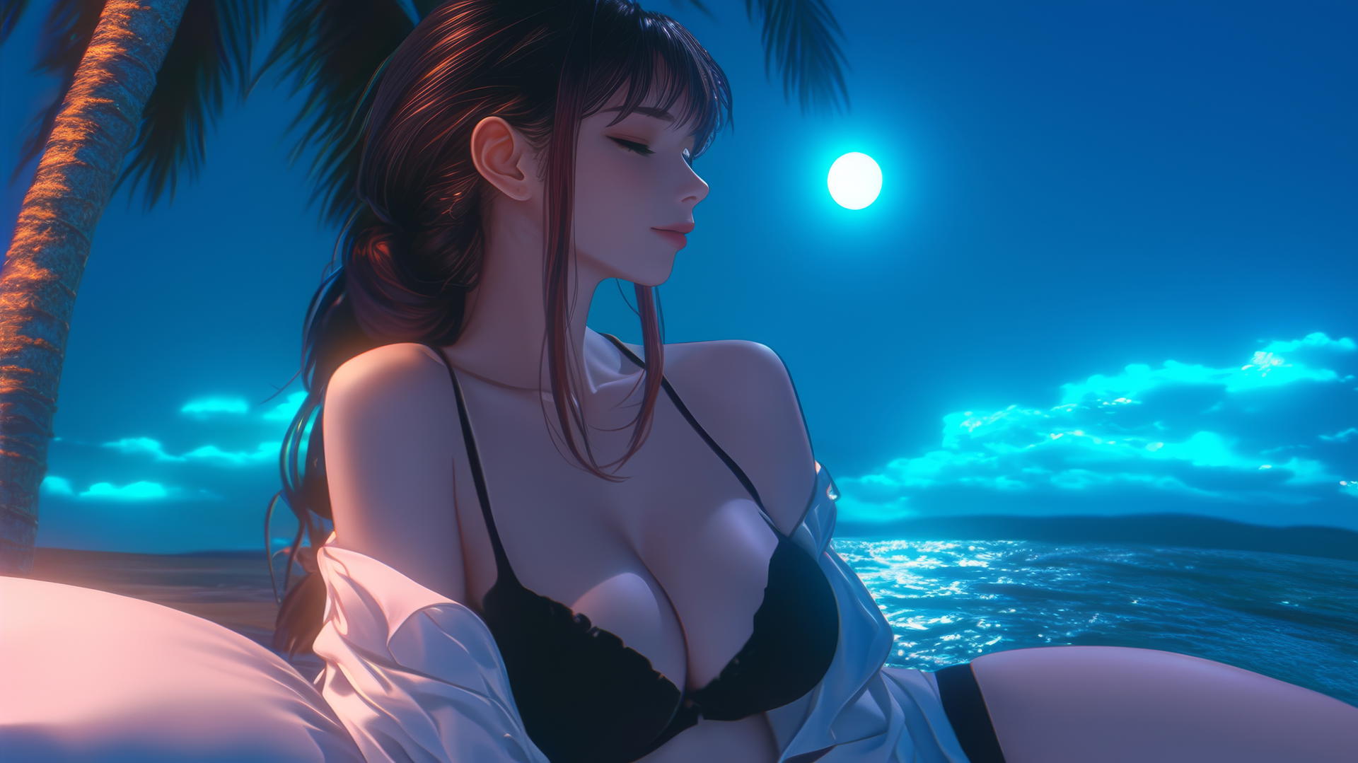 Makima from Chainsaw Man resting at sea during a romantic neon pink sunset with soft neon light glow.