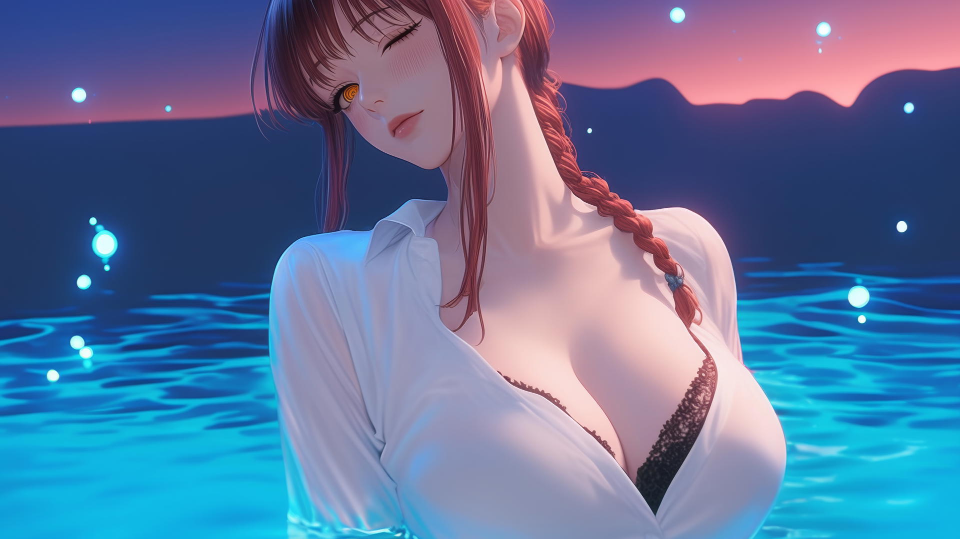 Makima resting at sea during a romantic neon sunset