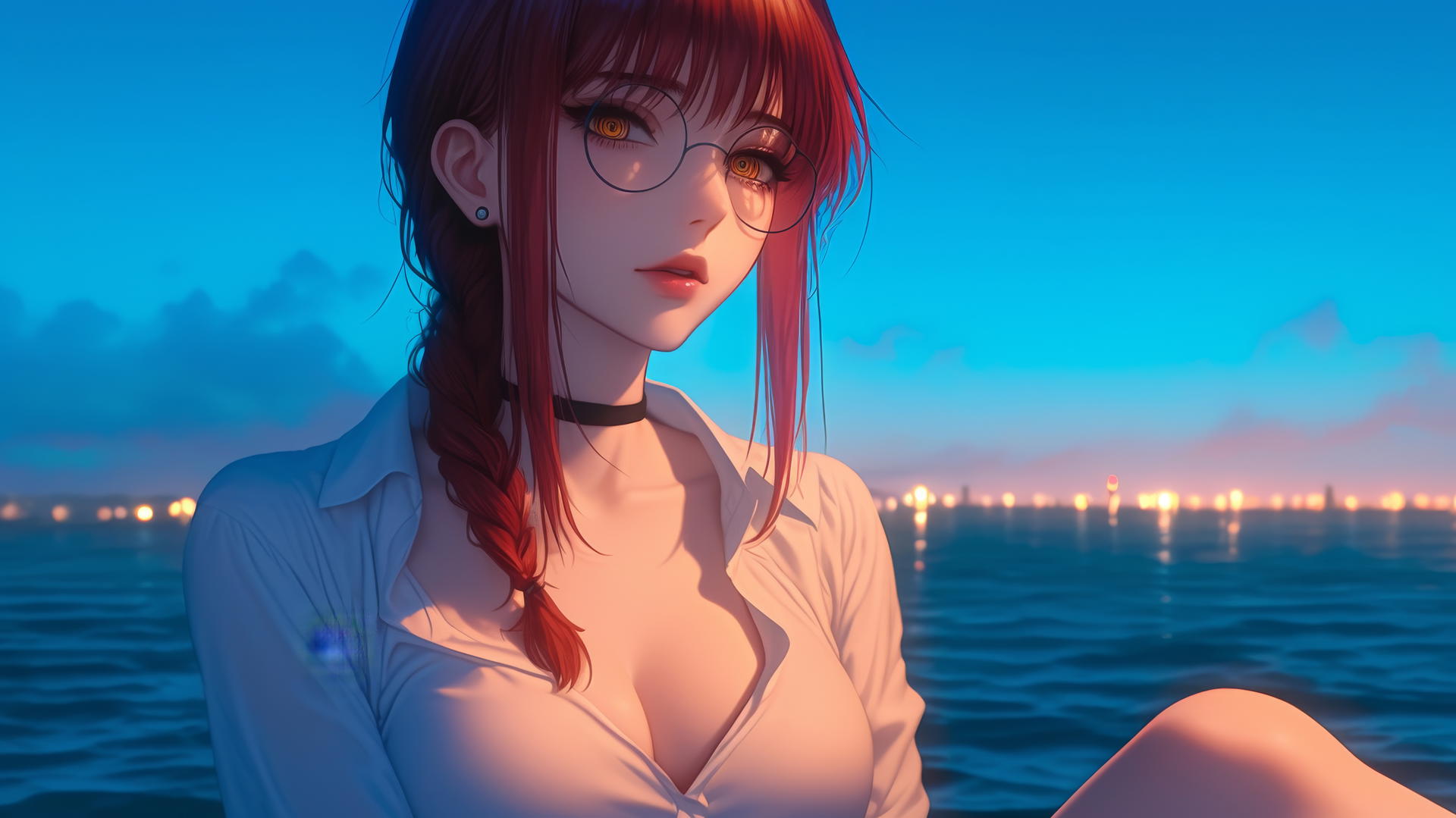 Makima from Chainsaw Man resting at sea during a neon pink sunset.
