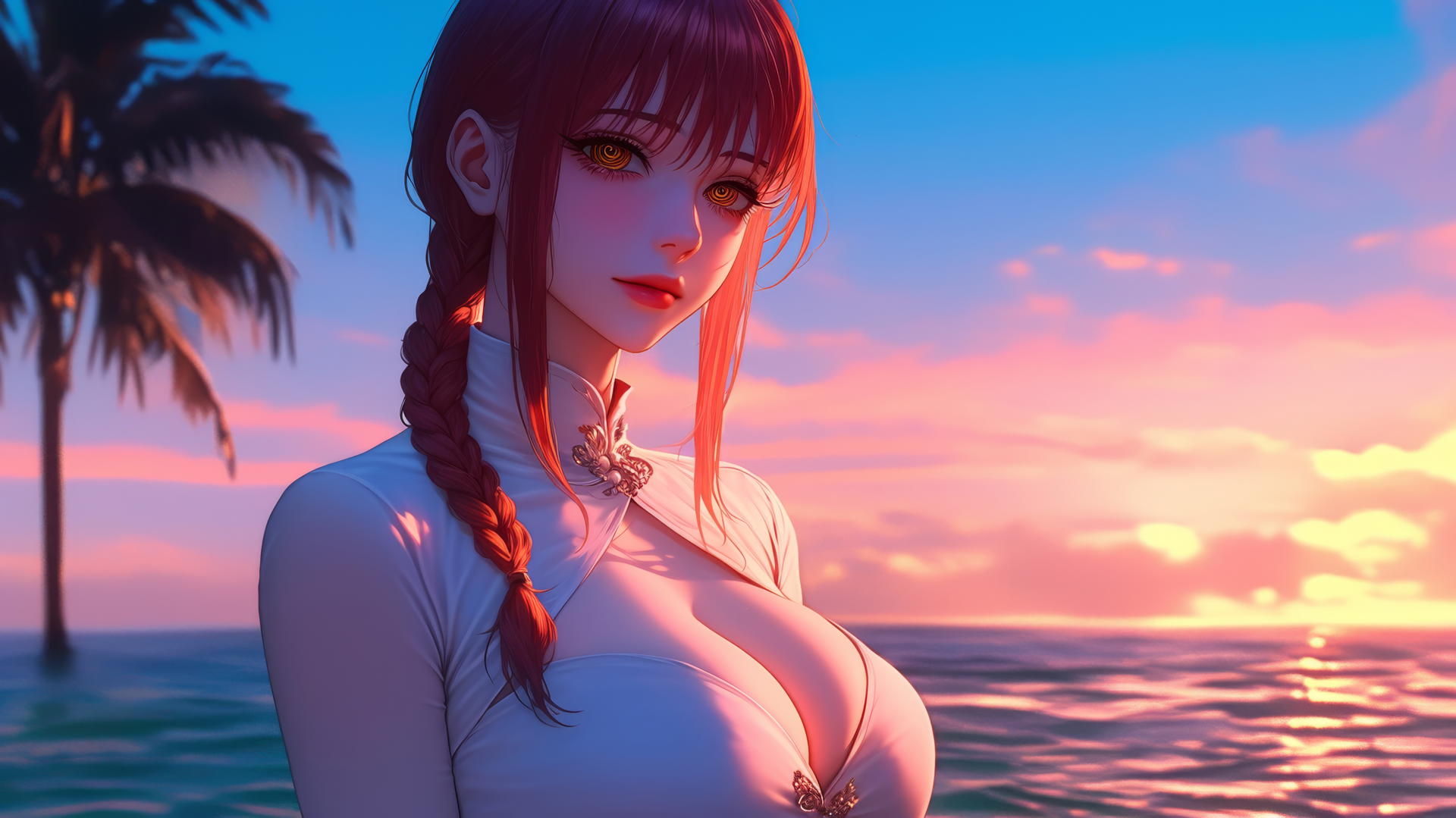Makima from Chainsaw Man resting by the sea at sunset with neon pink sky