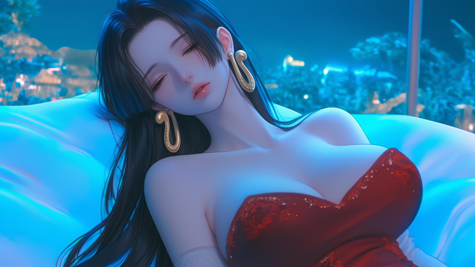 Boa Hancock from One Piece resting in a modern hotel room with neon lighting