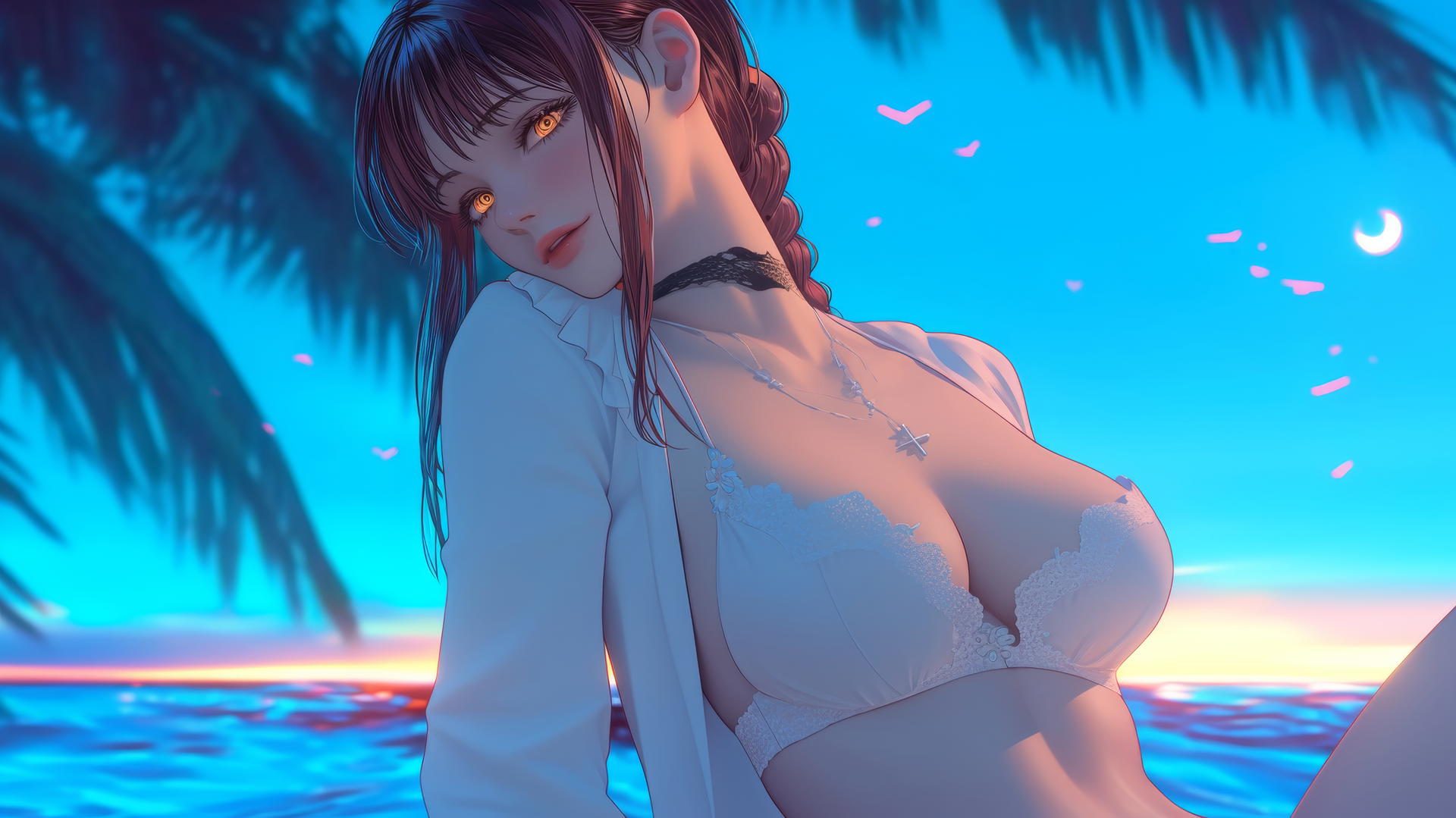 Makima from Chainsaw Man resting at sea during a neon pink sunset