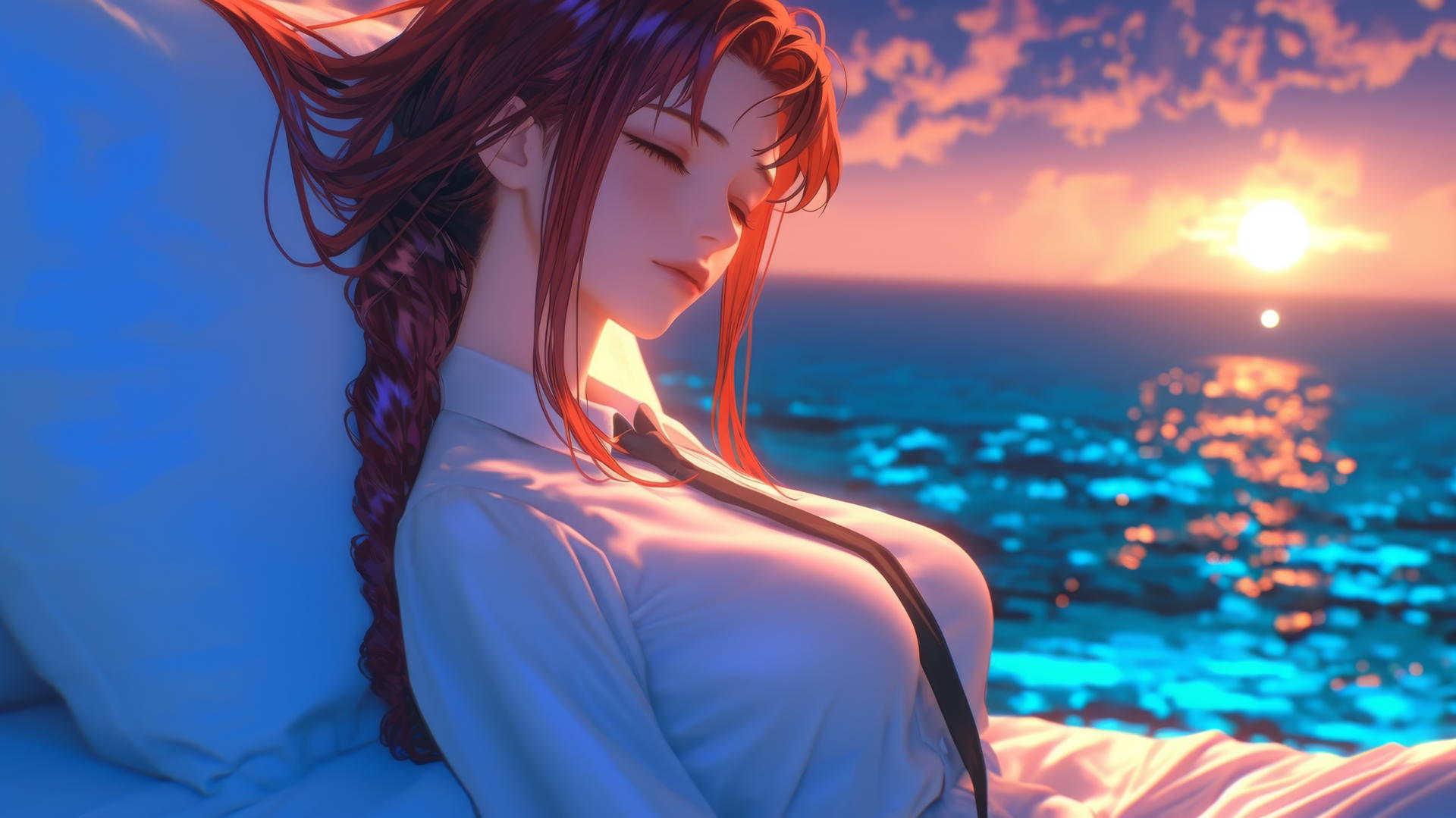 Makima from Chainsaw Man relaxing by the sea at sunset with a neon pink sky.