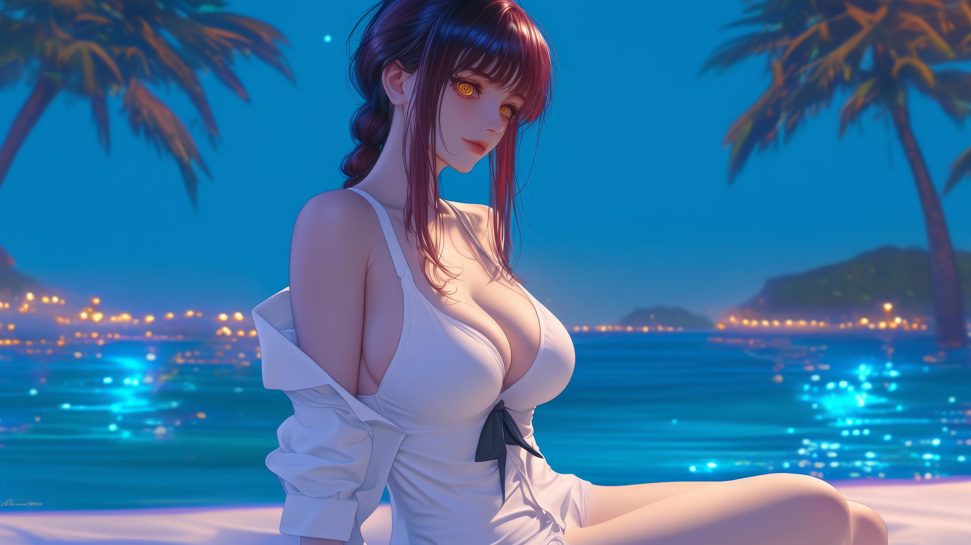 Makima from Chainsaw Man resting at sea with a neon pink sunset
