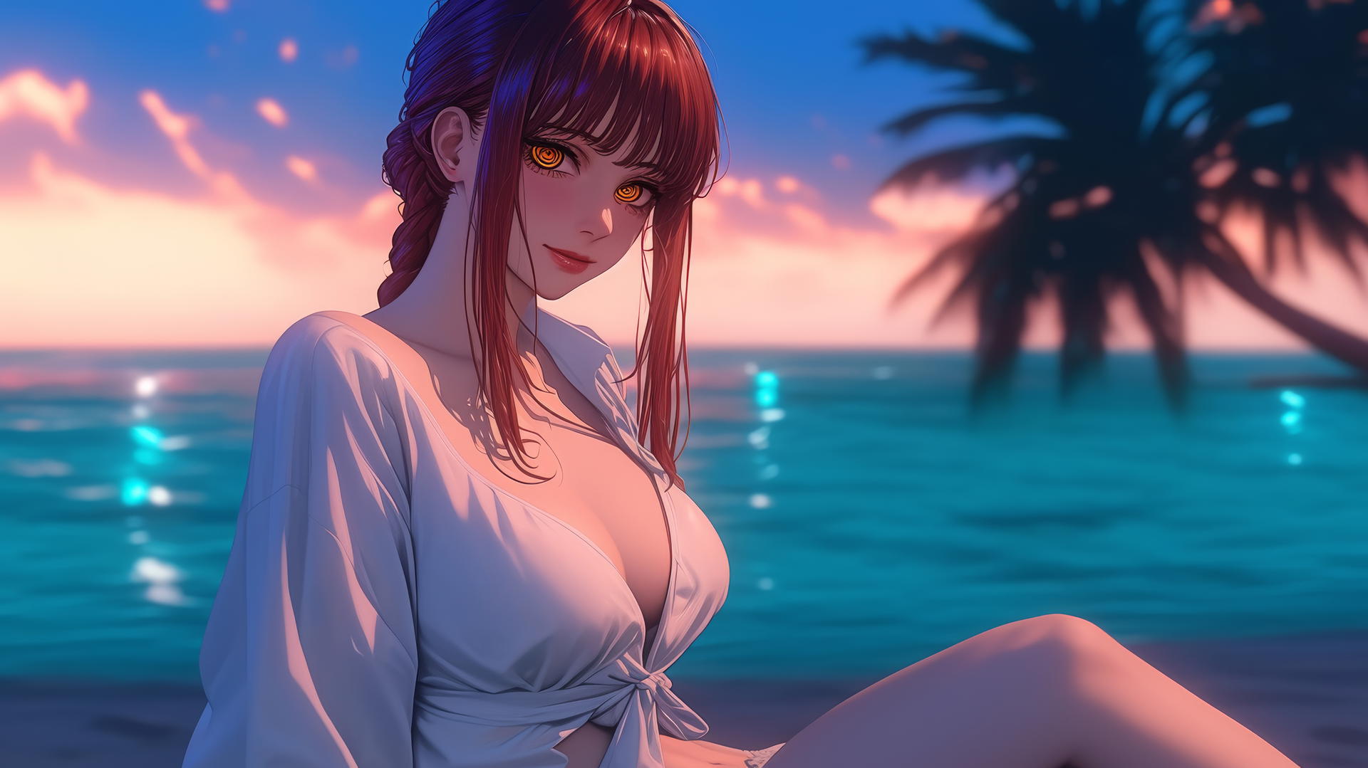 Makima from Chainsaw Man resting at sea at sunset with neon pink sky.