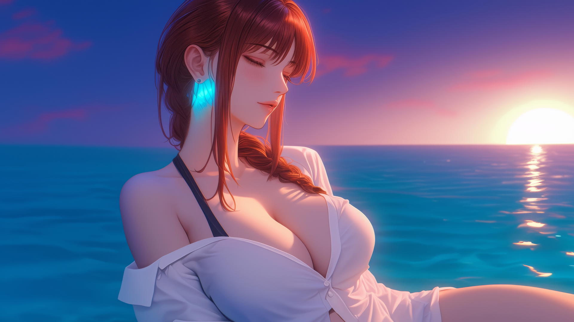 Makima from Chainsaw Man resting at sea during a romantic neon sunset.