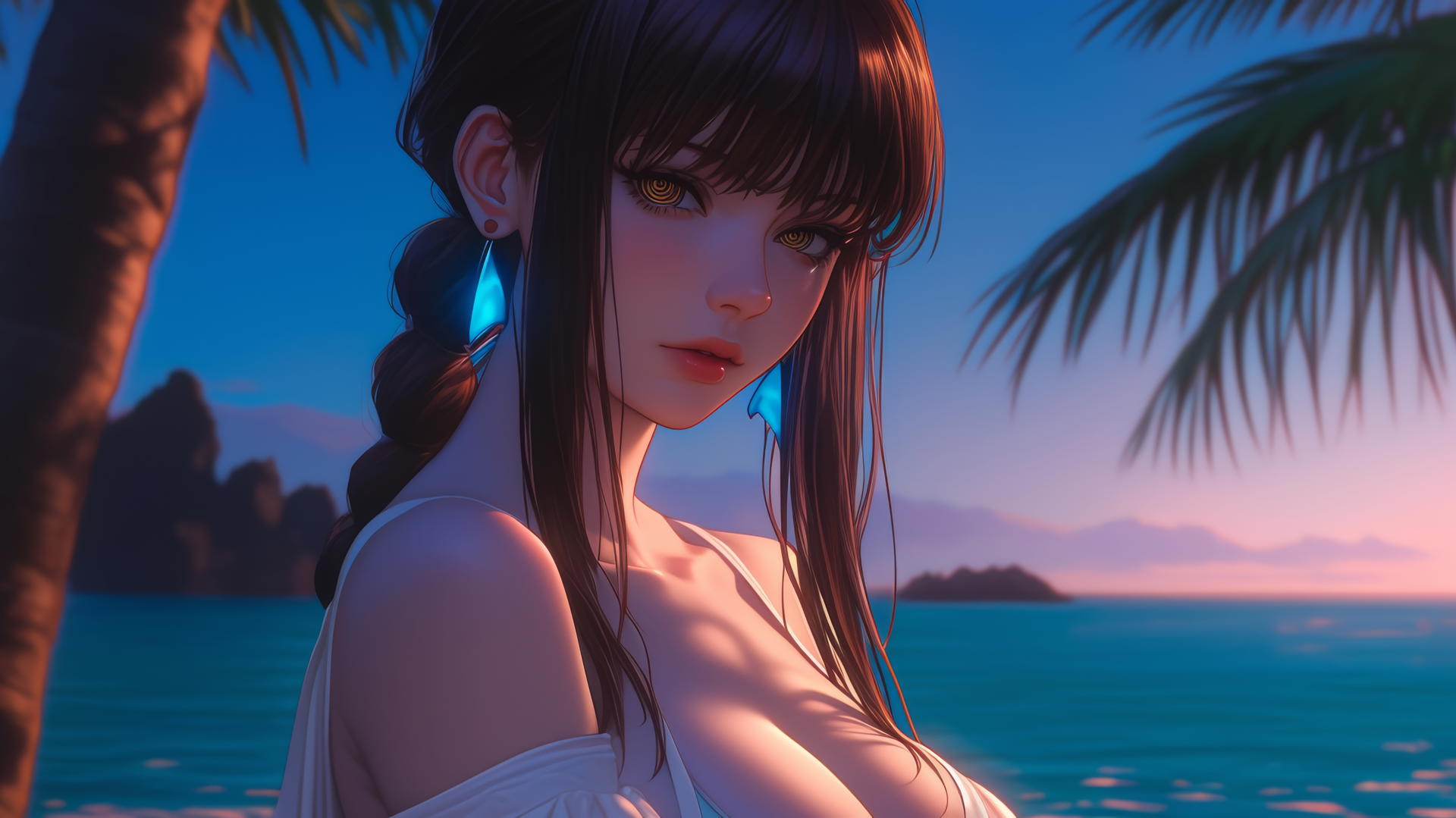Makima from Chainsaw Man resting at sea at sunset with neon pink sky.