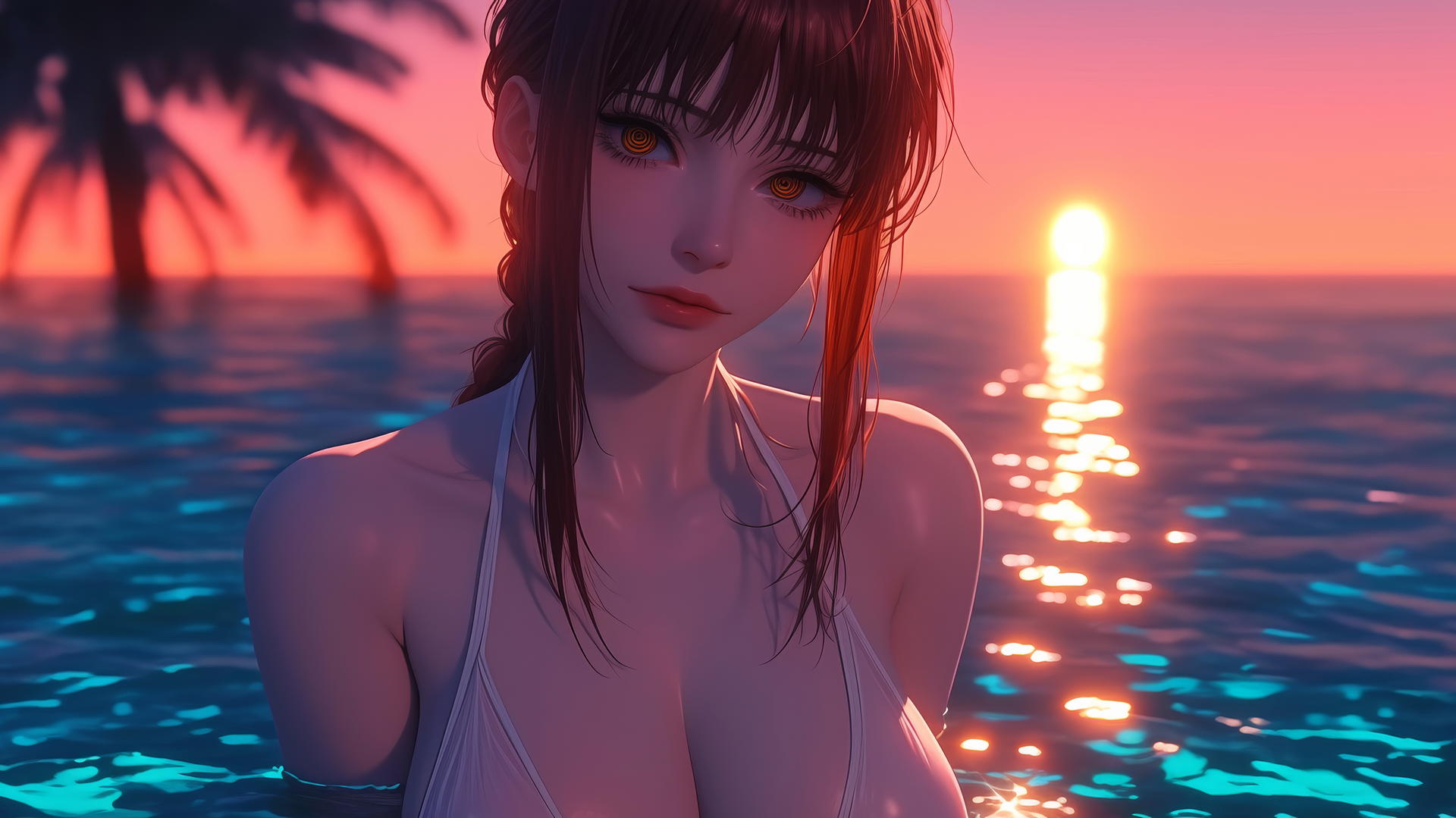 Makima from Chainsaw Man resting at sea during a neon pink sunset