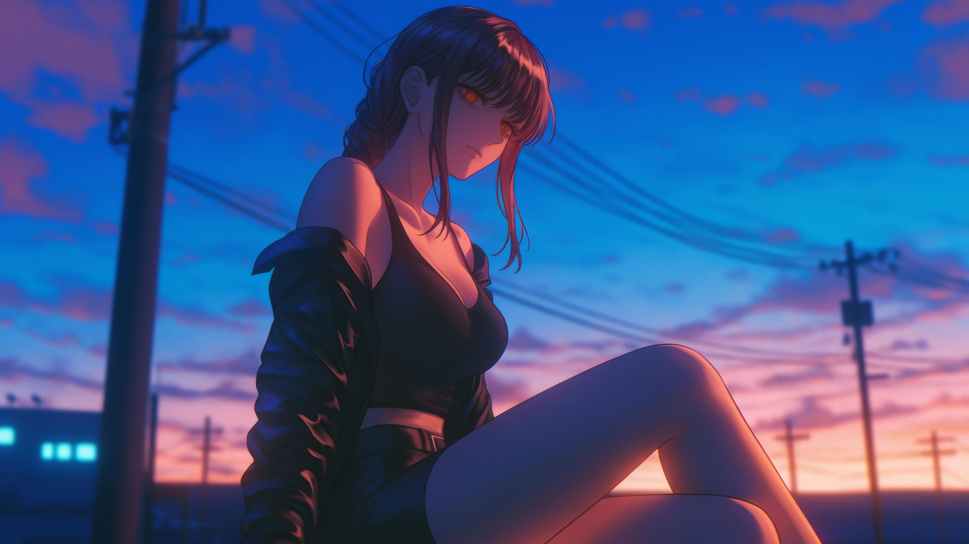 Makima from Chainsaw Man at sea during a neon pink sunset with soft neon light