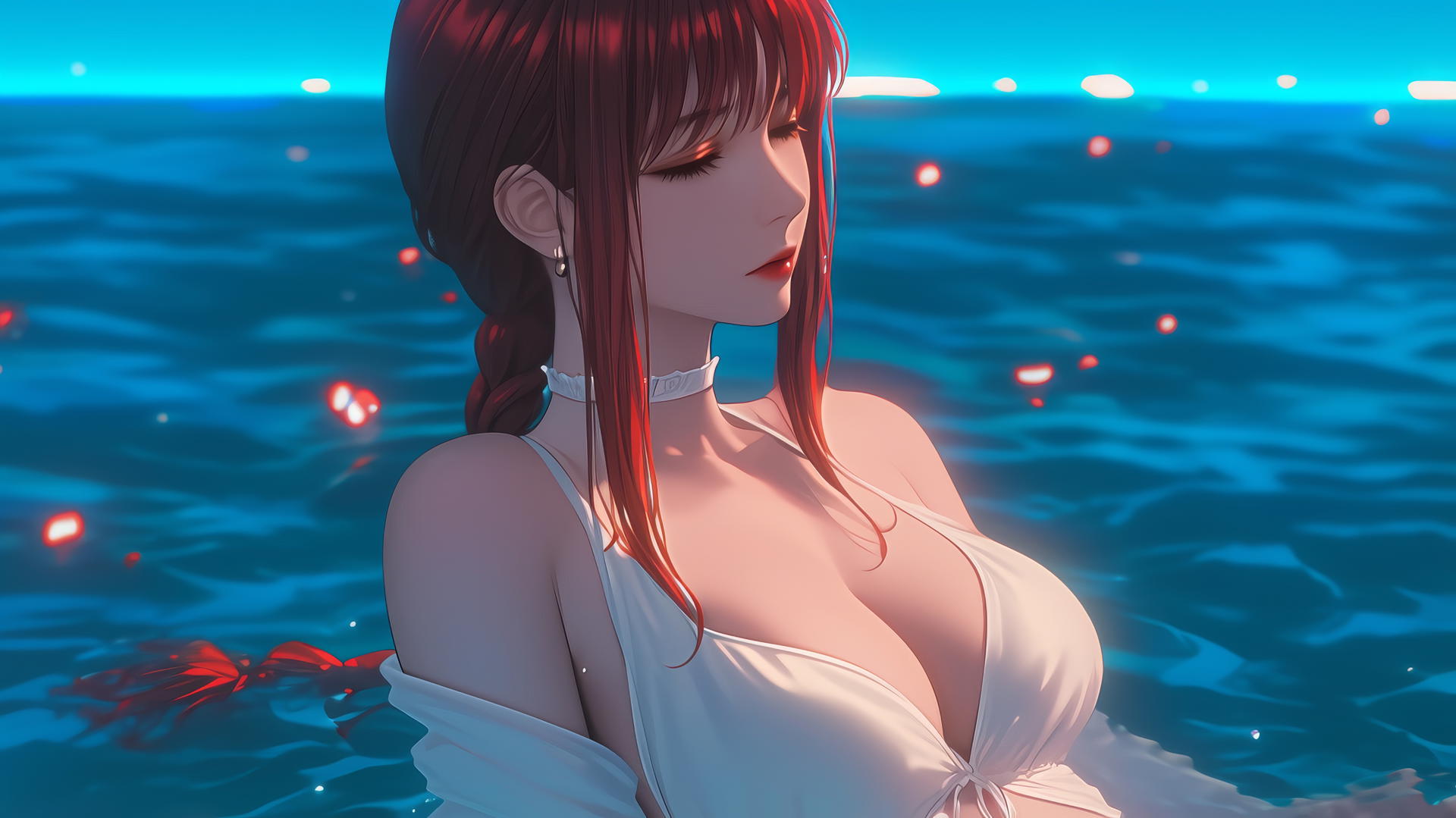 Makima from Chainsaw Man resting at sea during a romantic neon pink sunset