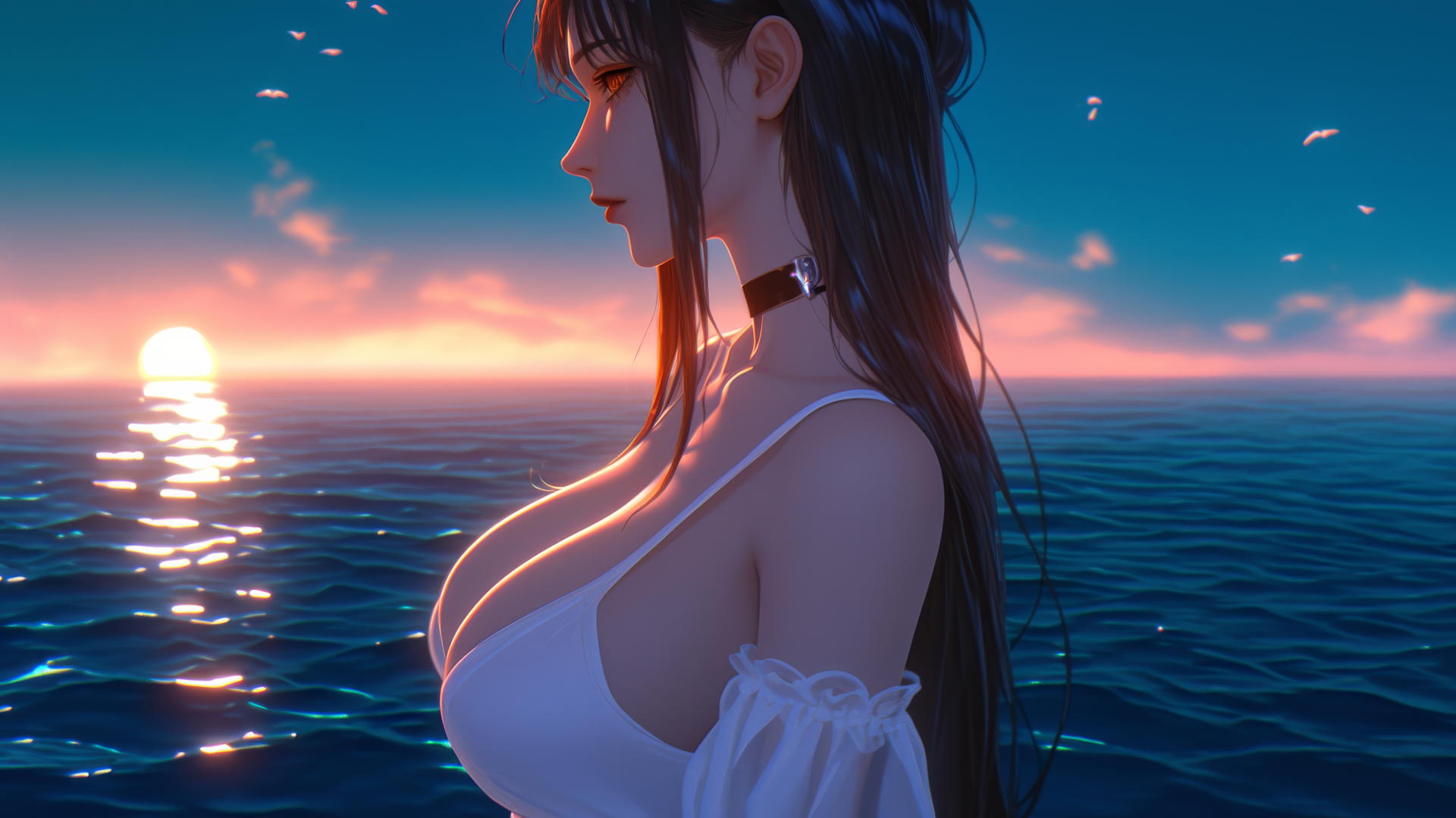 Makima from Chainsaw Man seen from behind, resting at sea at sunset with neon pink sky.