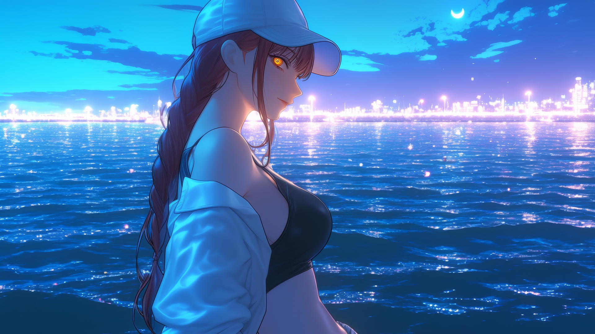 Makima from Chainsaw Man resting at sea during a neon pink sunset.