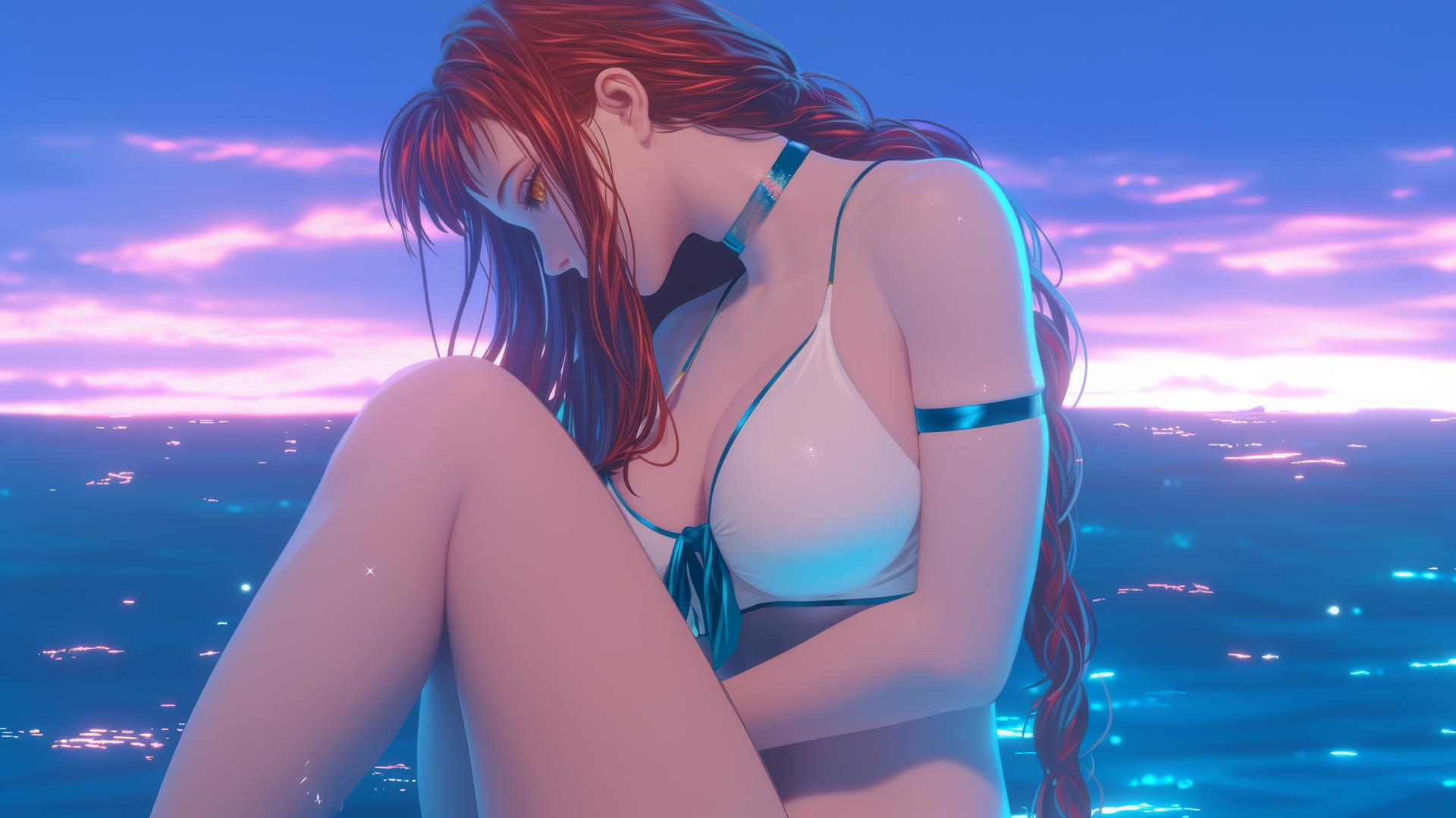 Makima from Chainsaw Man looking out at a romantic neon pink sunset by the sea, soft glow.