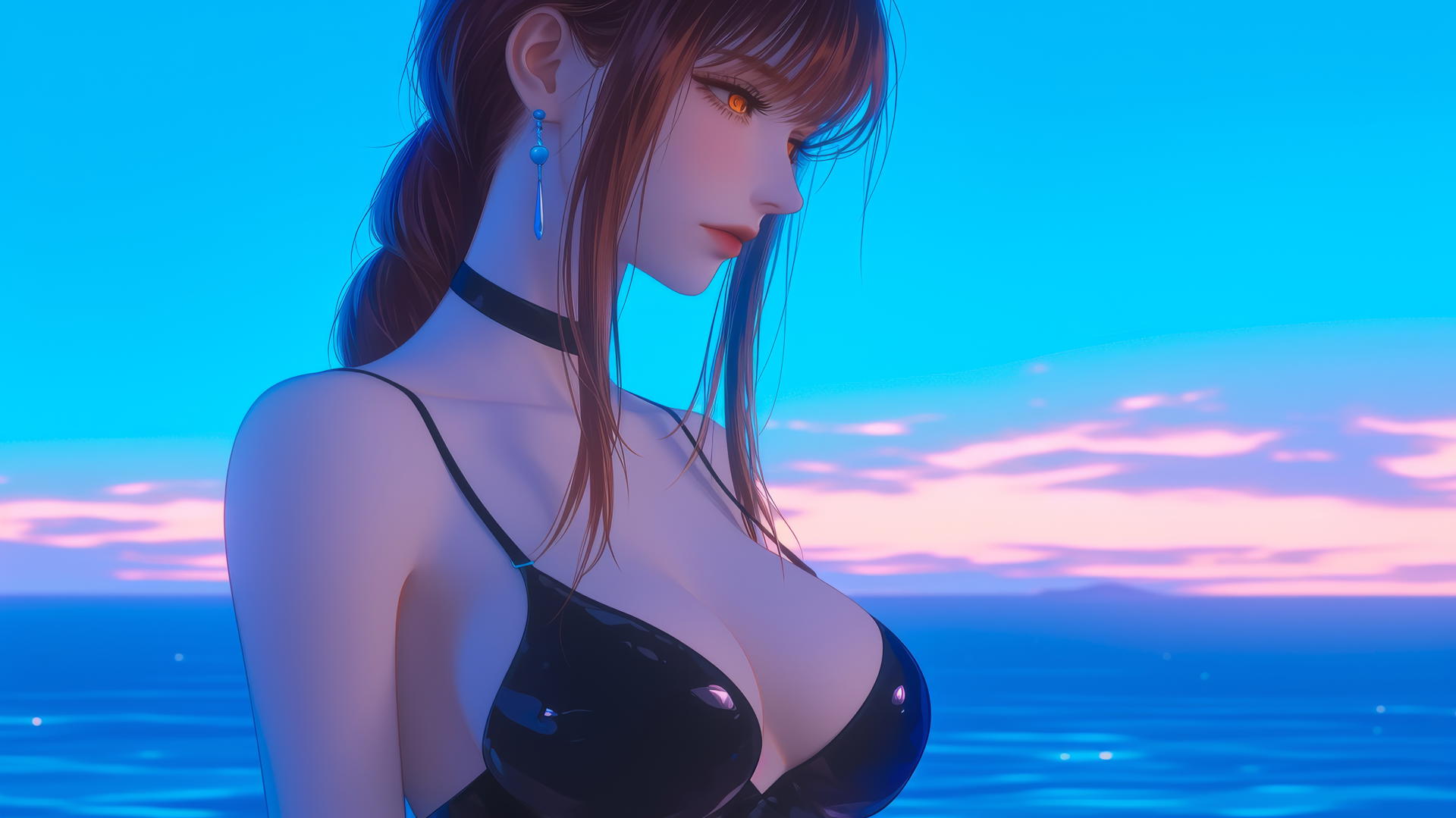 Makima from Chainsaw Man resting at sea during a neon pink sunset