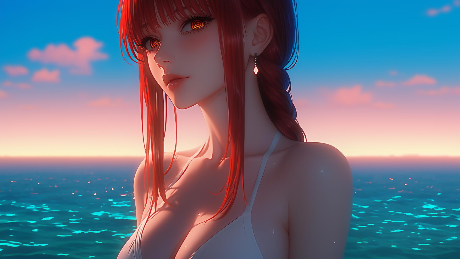Makima from Chainsaw Man resting at sea during a neon pink sunset.