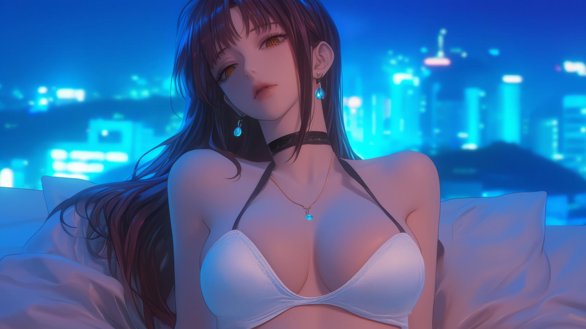 Makima from Chainsaw Man resting in modern hotel room with neon light