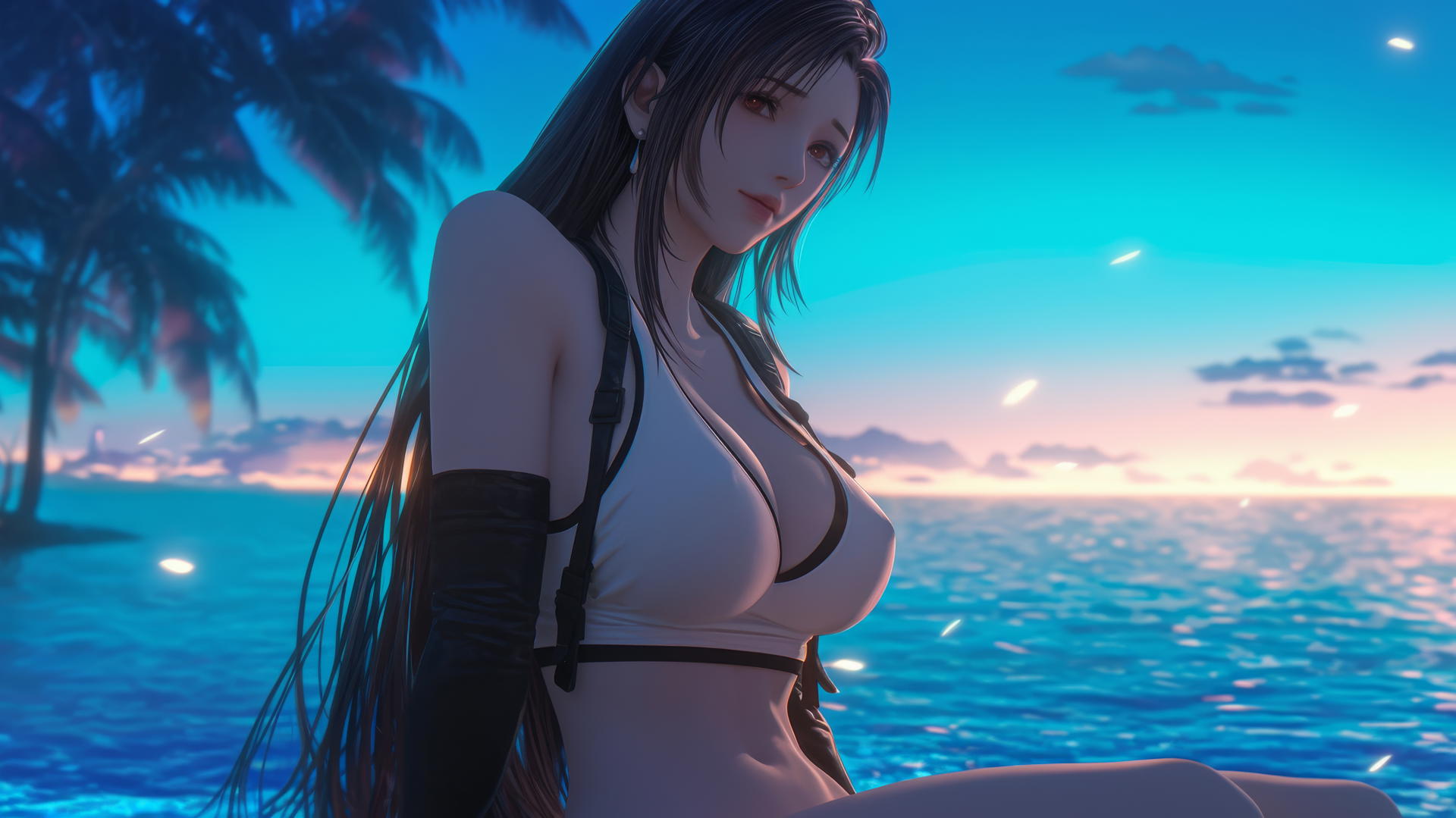 Tifa Lockhart resting at sea during a romantic neon pink sunset, with a soft glow on her.