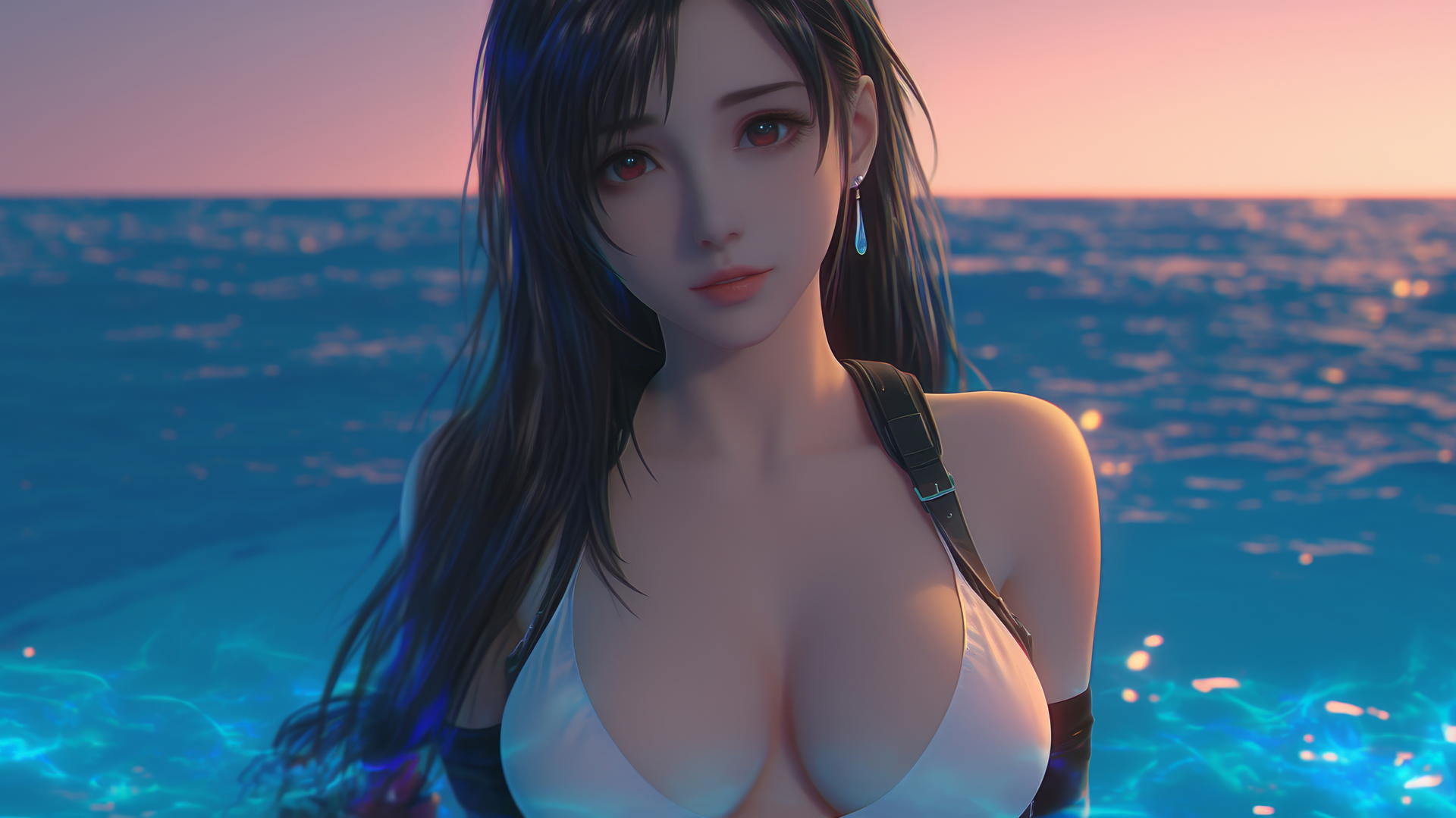 Tifa Lockhart from Final Fantasy resting at sea during a neon pink sunset.