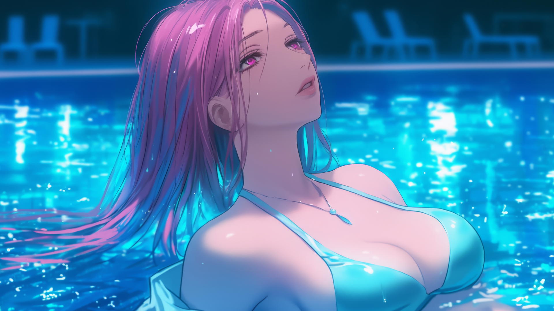 Satsuki Momoi from Kuroko no Basuke resting at a rainy swimming pool with moonlight glow