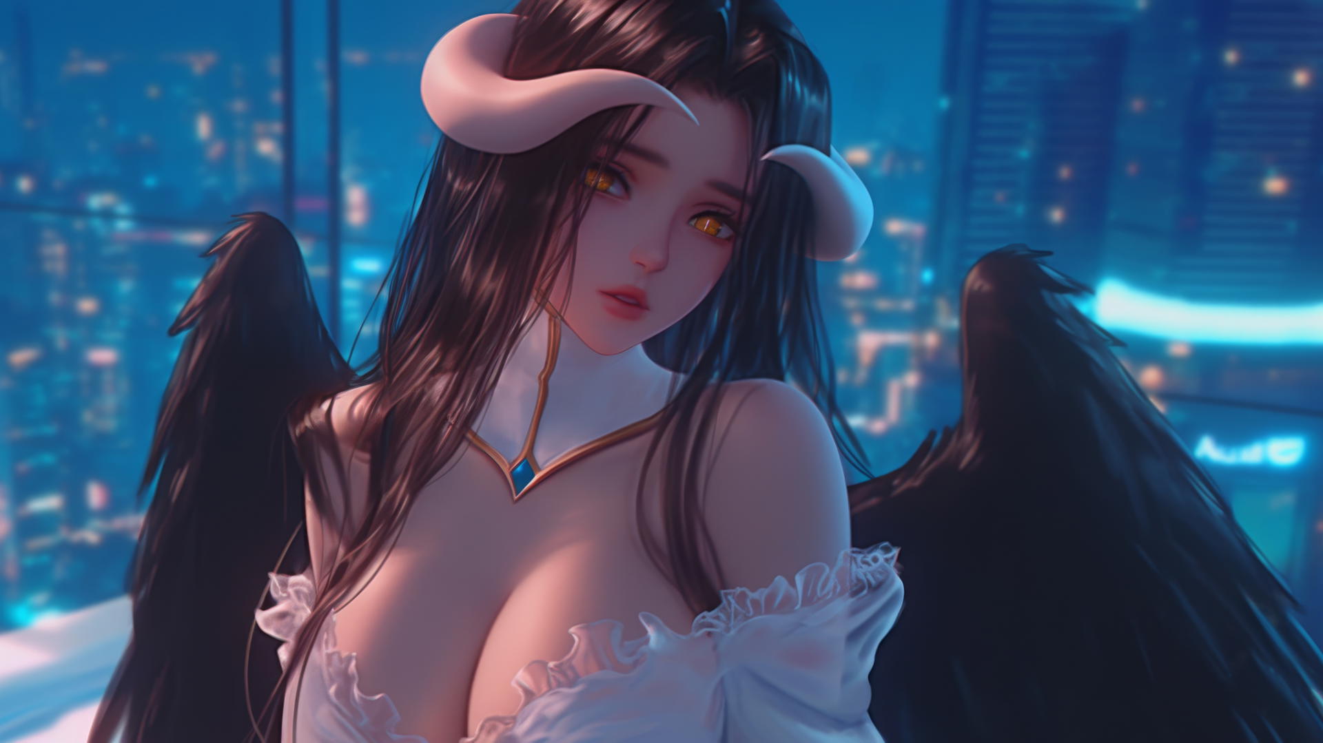 Albedo from Overlord in a modern hotel room tub with warm light, golden irises, and horns.