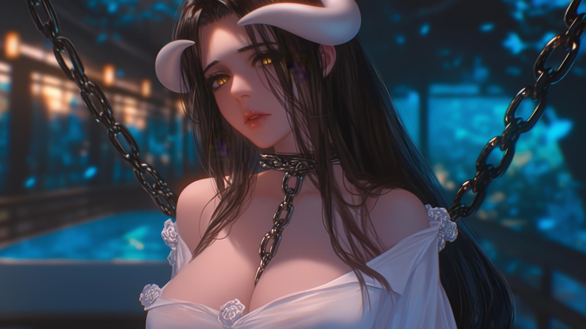 Albedo from Overlord in a modern hotel room, chained, wearing white office shirt, warm light.