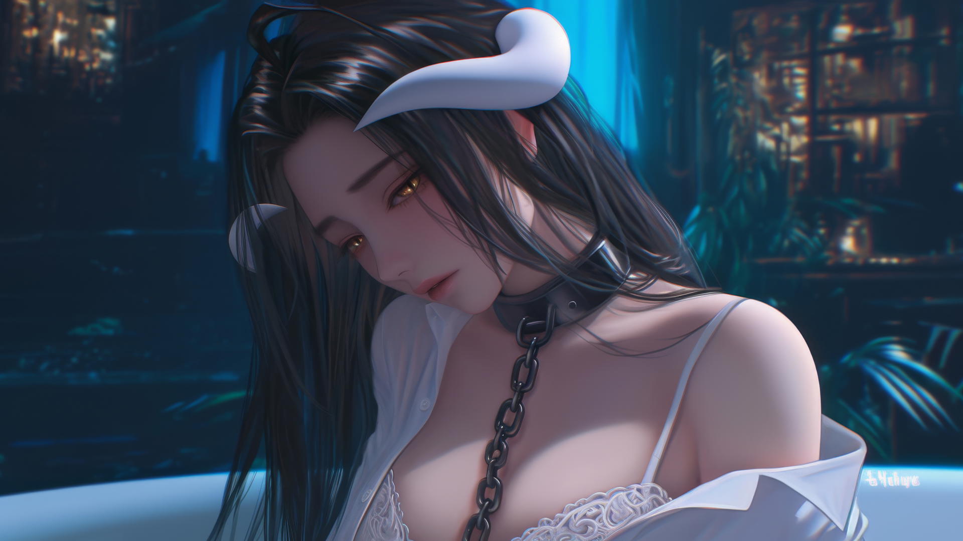 Albedo from Overlord in chains, white office shirt, modern hotel room, warm light