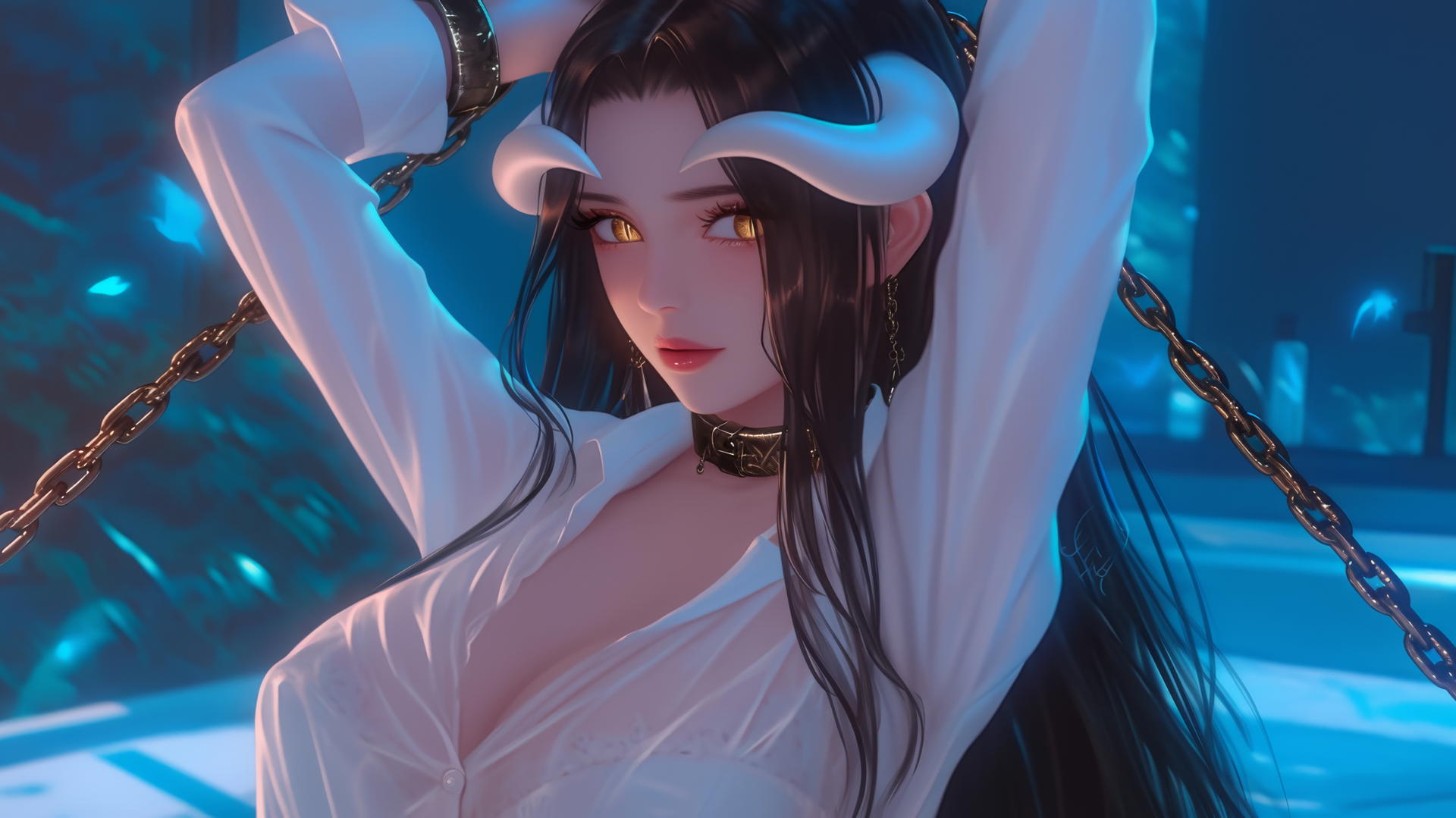 Albedo from Overlord in chains, wearing a white shirt in a modern hotel bathroom