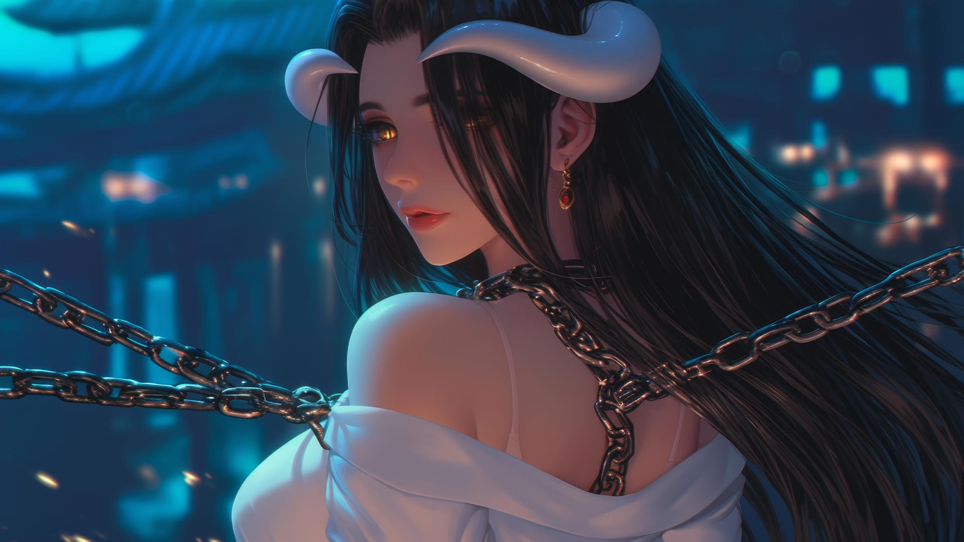 Albedo from Overlord in a white shirt, chained, warm glow, horns, golden eyes.