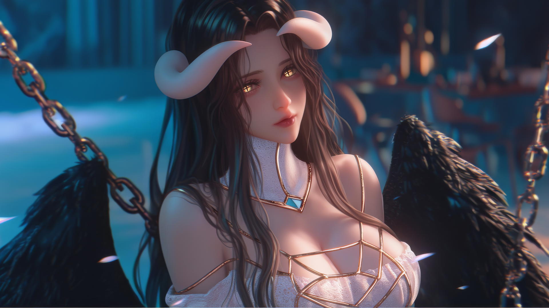 Albedo from Overlord in modern hotel room, chained, warm light glow.