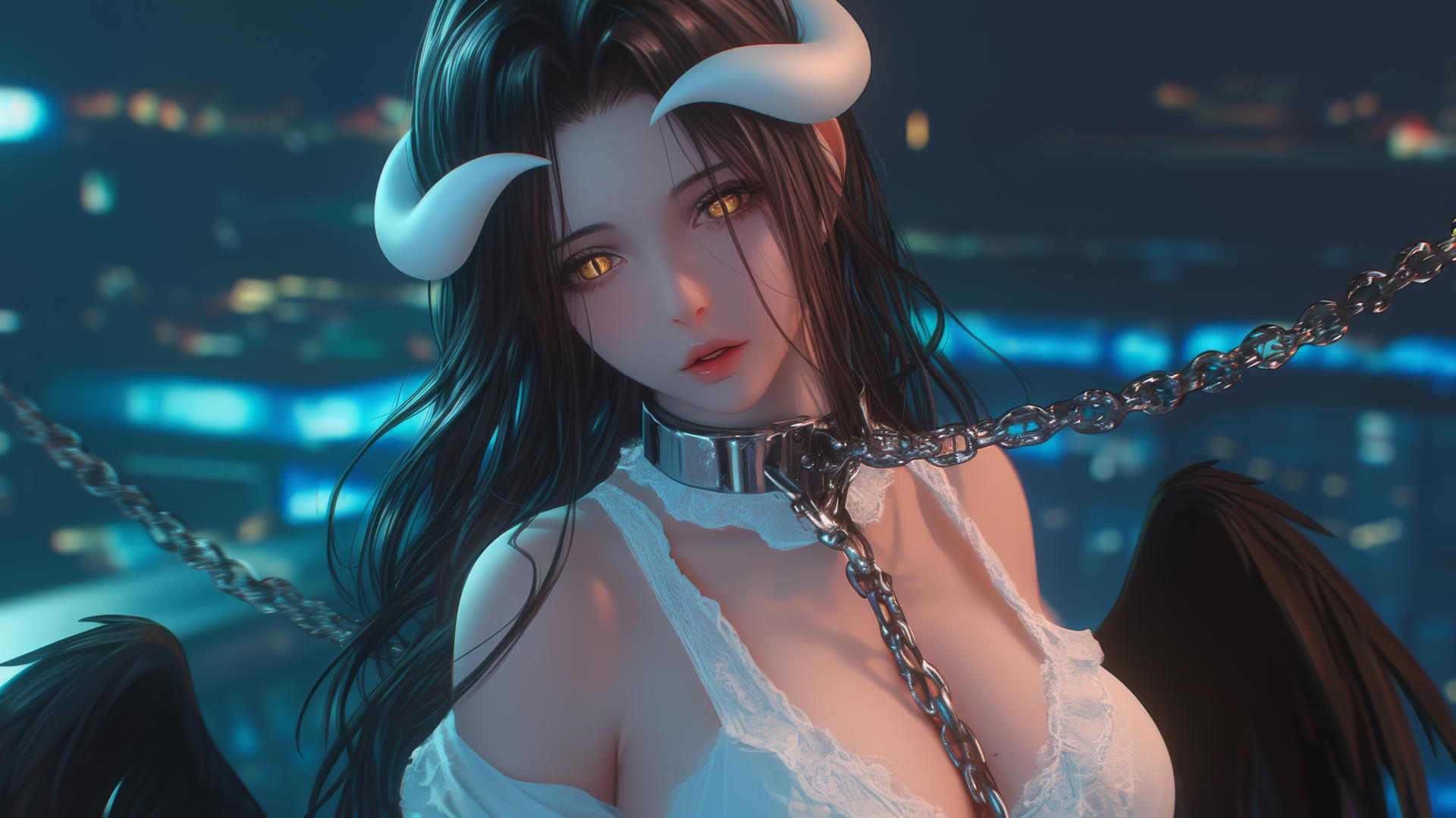 Albedo from Overlord chained in a modern hotel room with warm light.