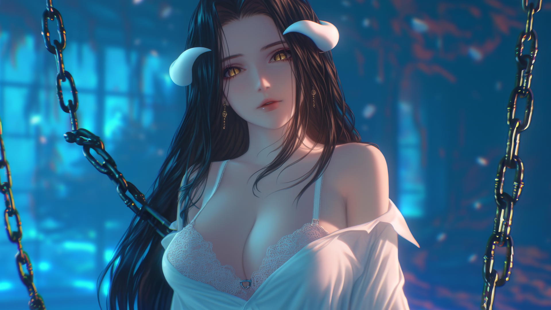 Albedo from Overlord chained in modern hotel room, white office shirt, warm lighting