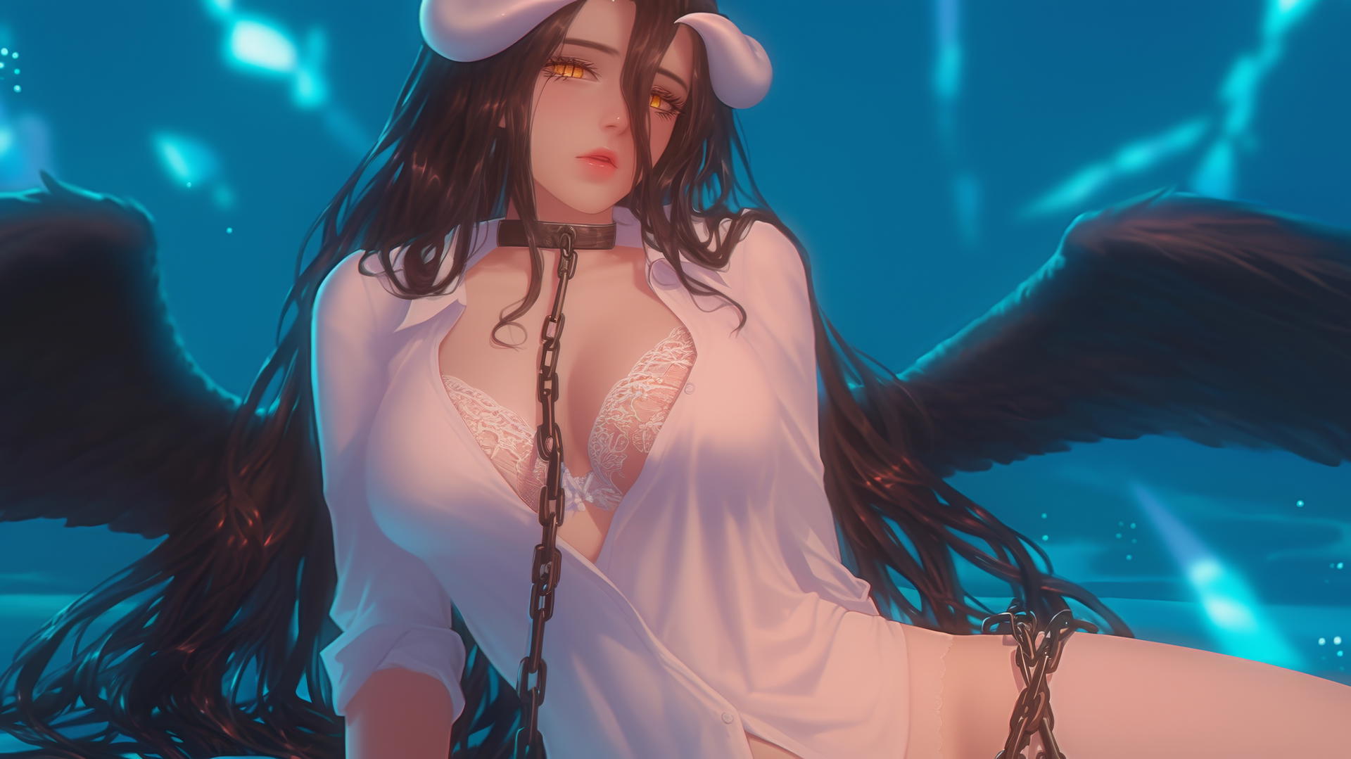 Albedo from Overlord in a modern hotel room, chained, wearing a white shirt, warm light