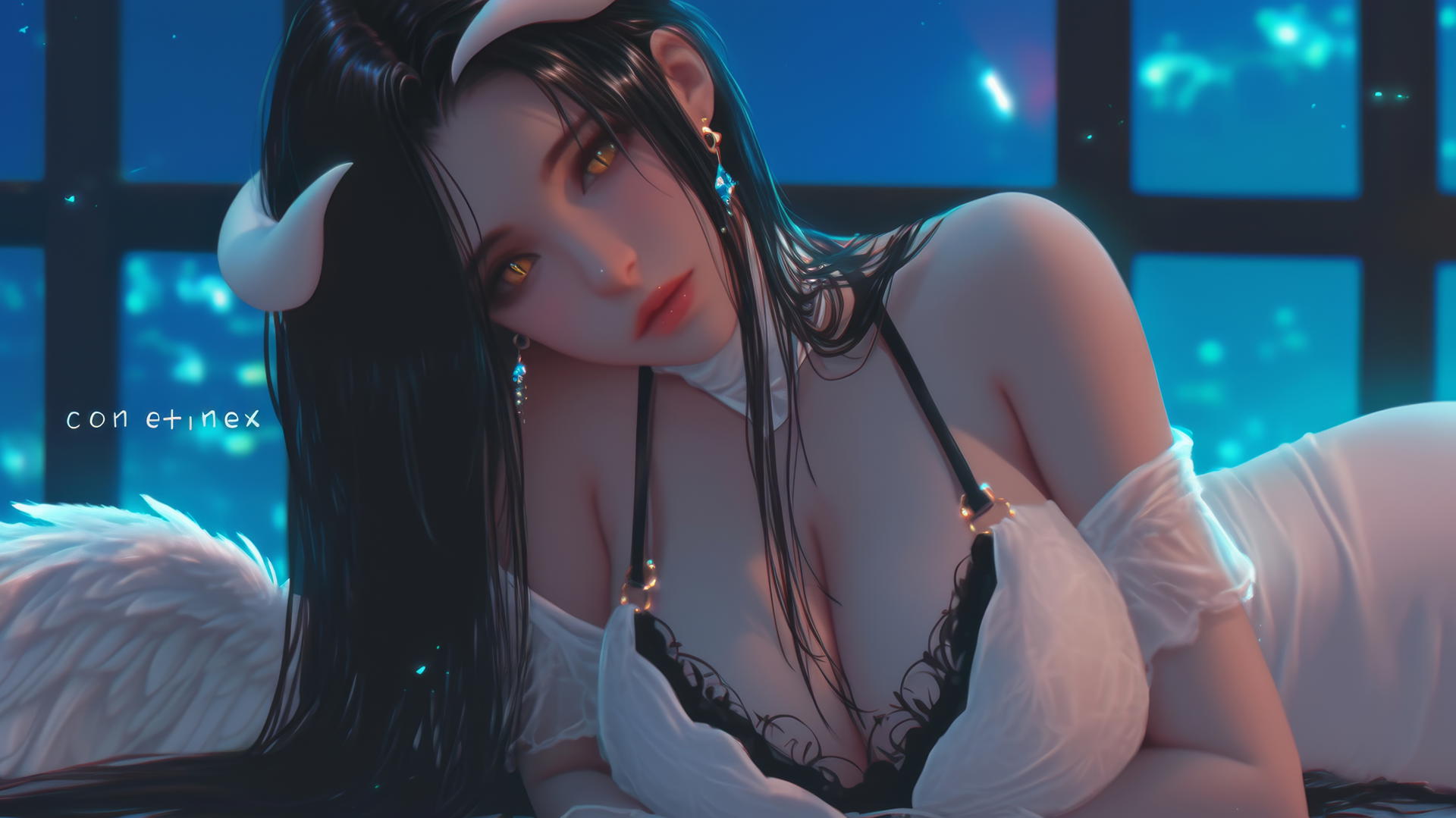 Albedo from Overlord in a modern hotel room with warm light, golden irises, and horns.
