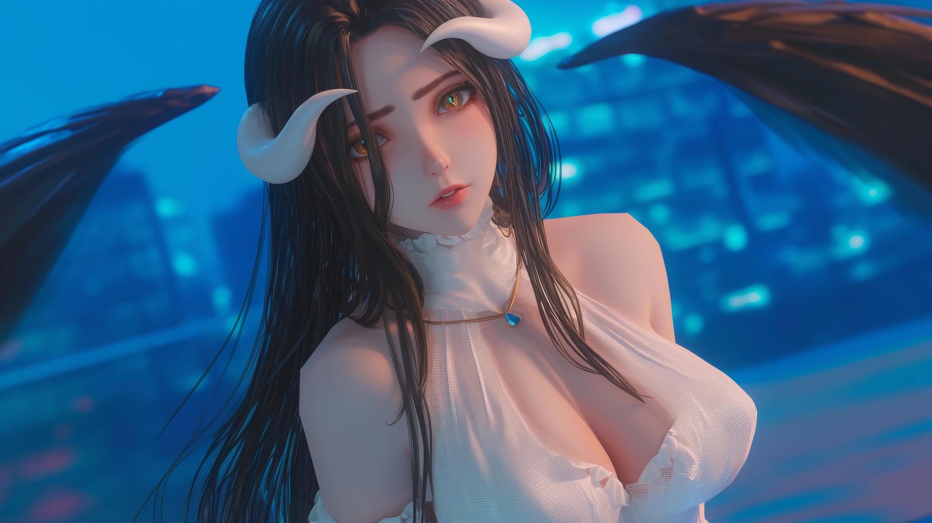 Albedo from Overlord in a modern hotel room with warm light, showcasing her golden irises, vertically split pupils, and thick crooked horns.