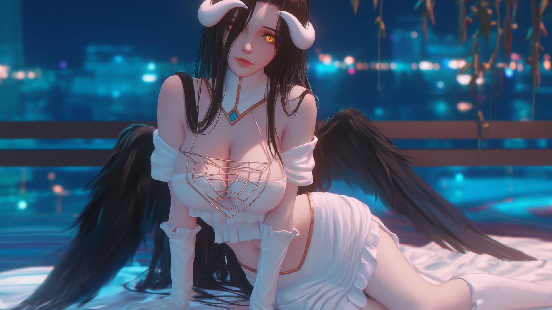 Albedo from Overlord in a modern hotel room, warm light glow, golden irises, split pupils, thick crooked horns