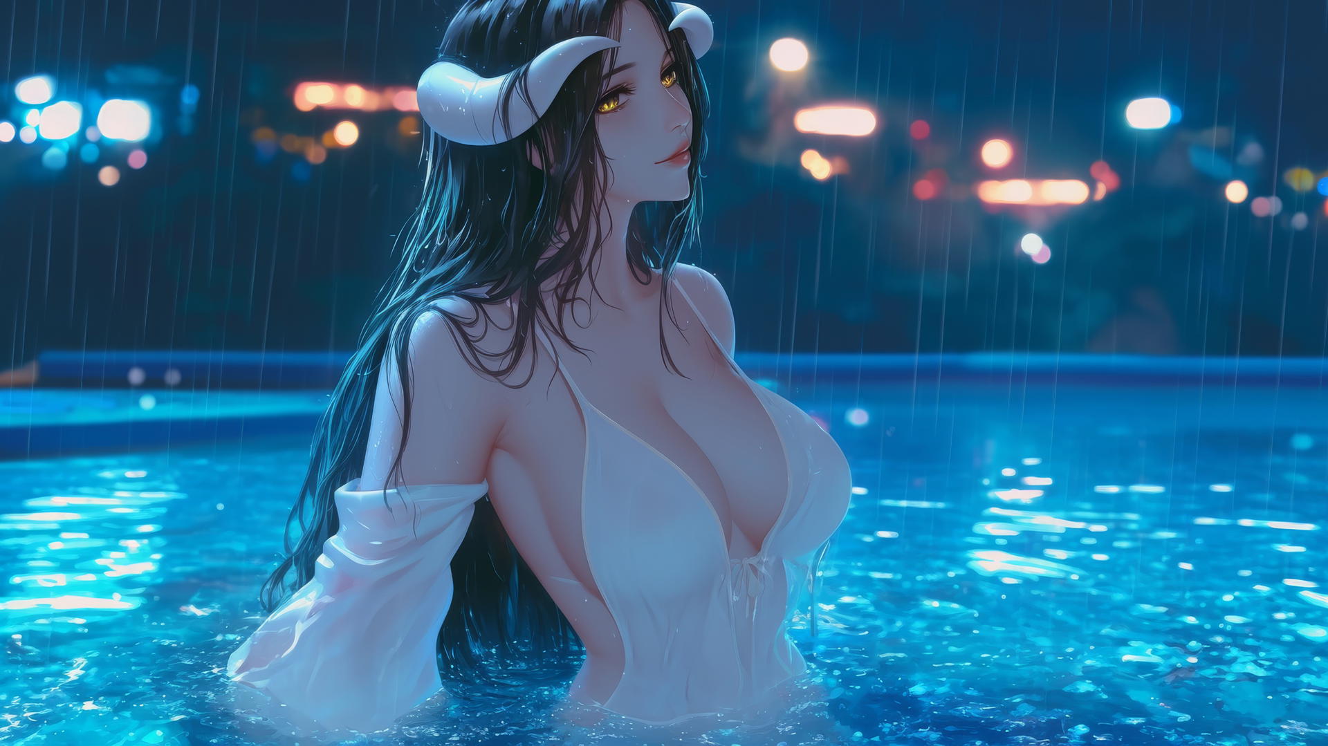 Albedo from Overlord at a rainy swimming pool with warm light and glowing figure