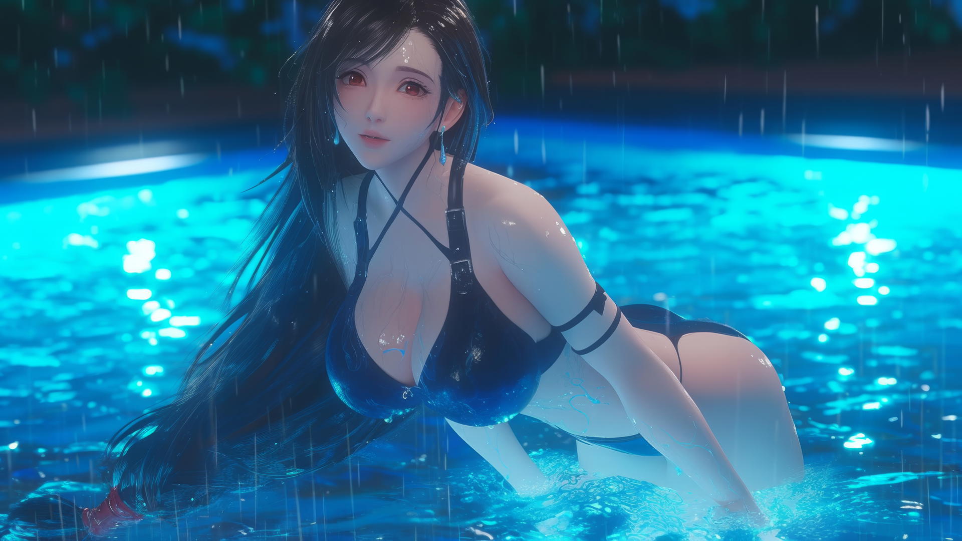 Tifa Lockhart jumping out of a rainy swimming pool with neon light glow