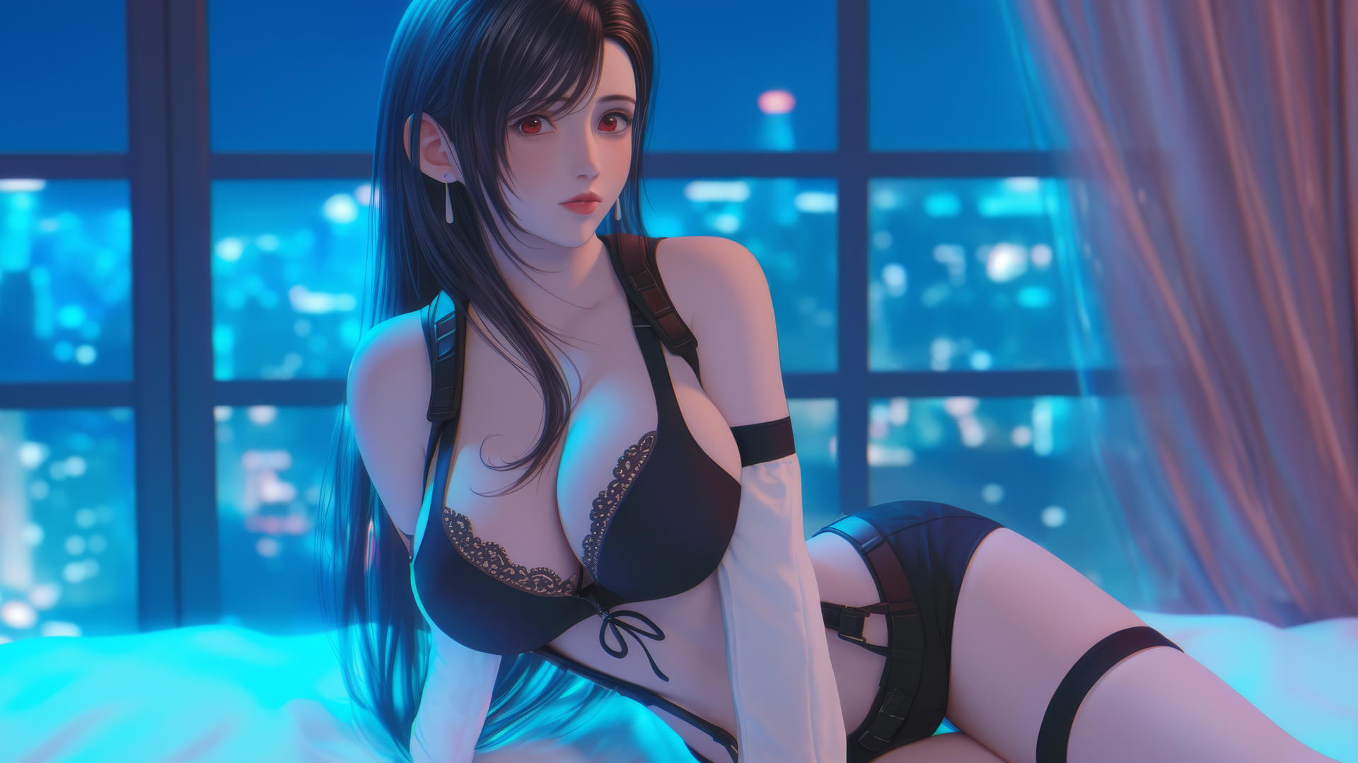 Tifa Lockhart from Final Fantasy in a modern hotel room with neon lighting