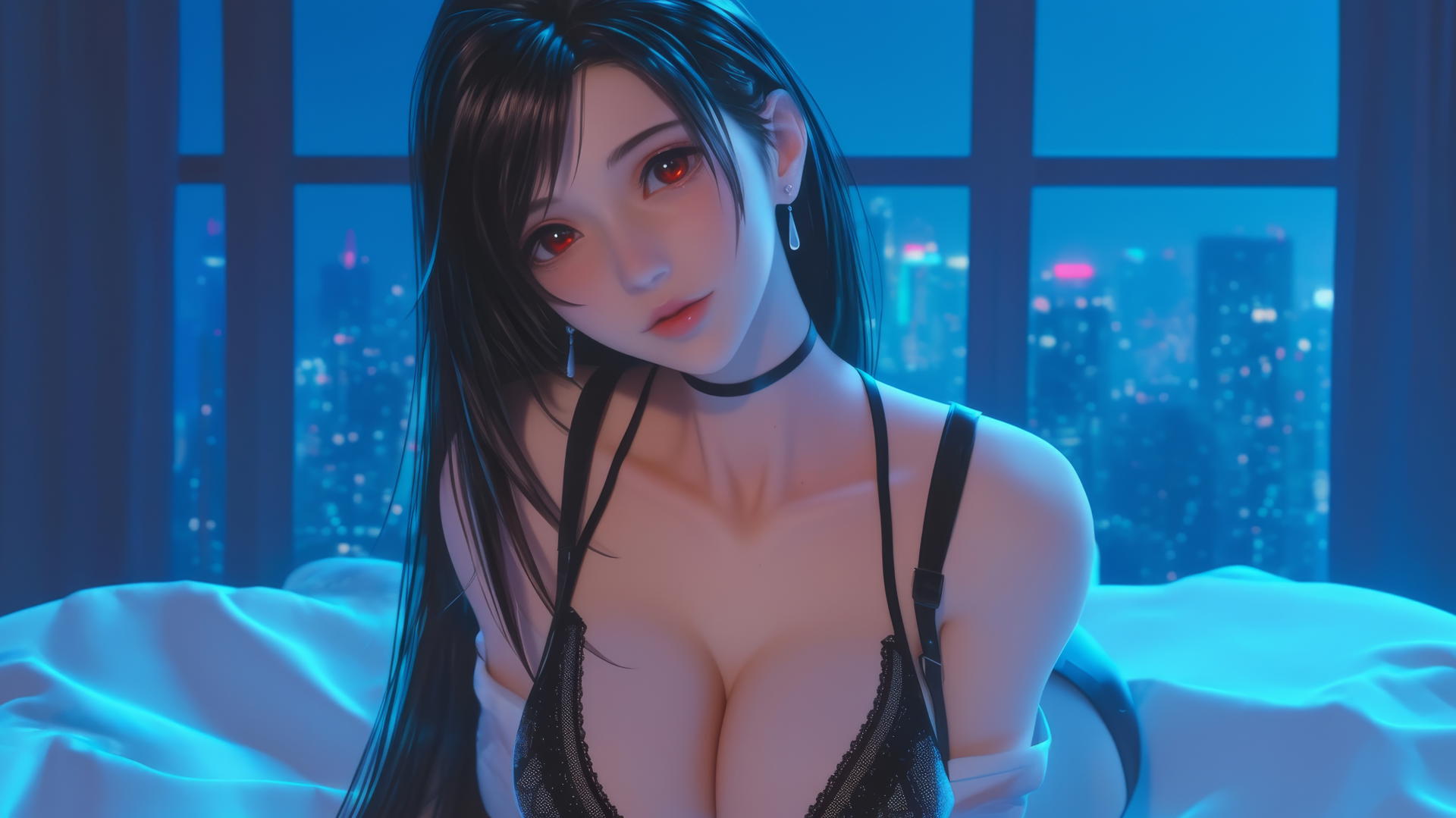 Tifa Lockhart in a modern hotel room with neon light glow