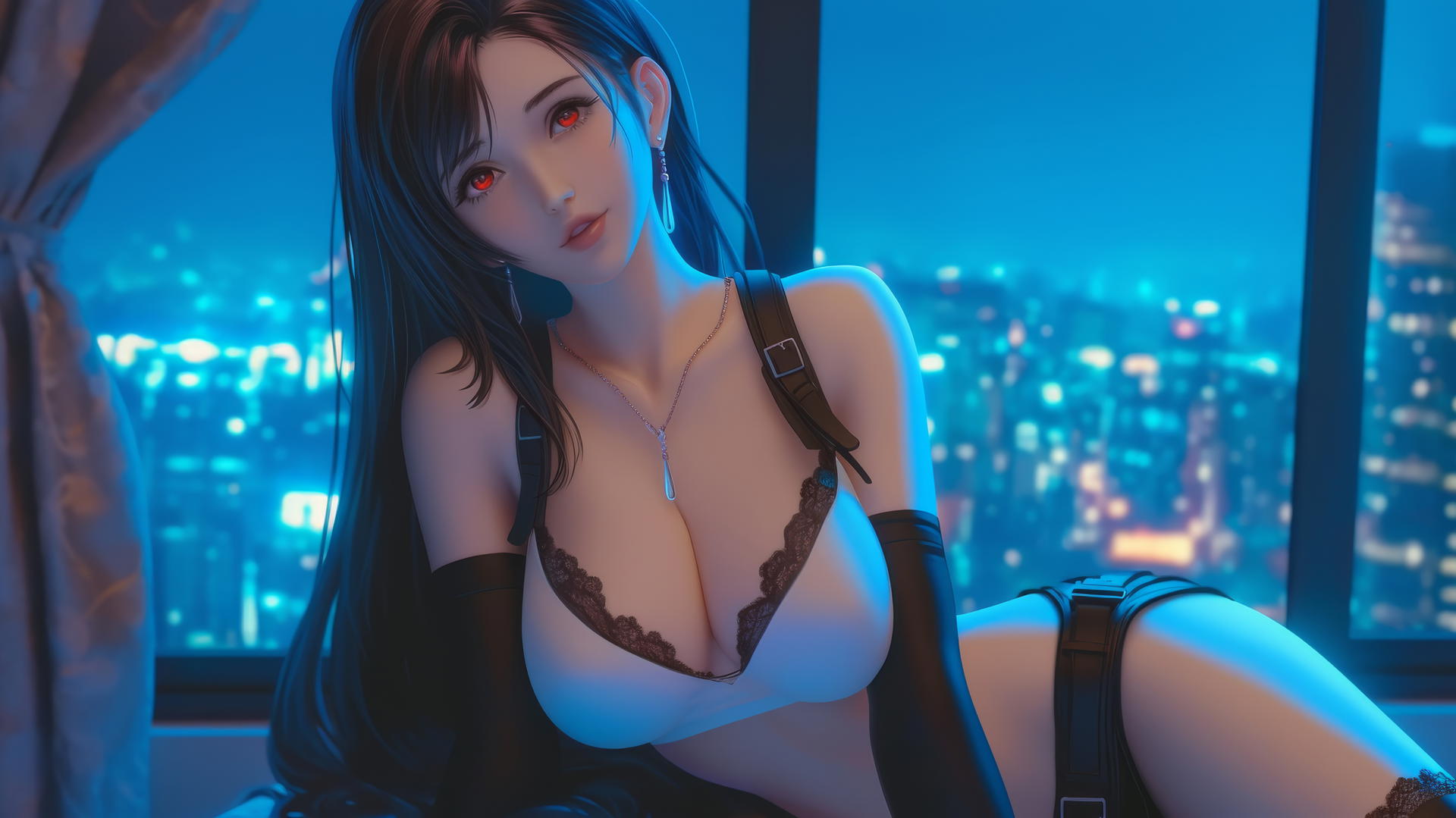 Tifa Lockhart in a modern hotel room with neon light glow.