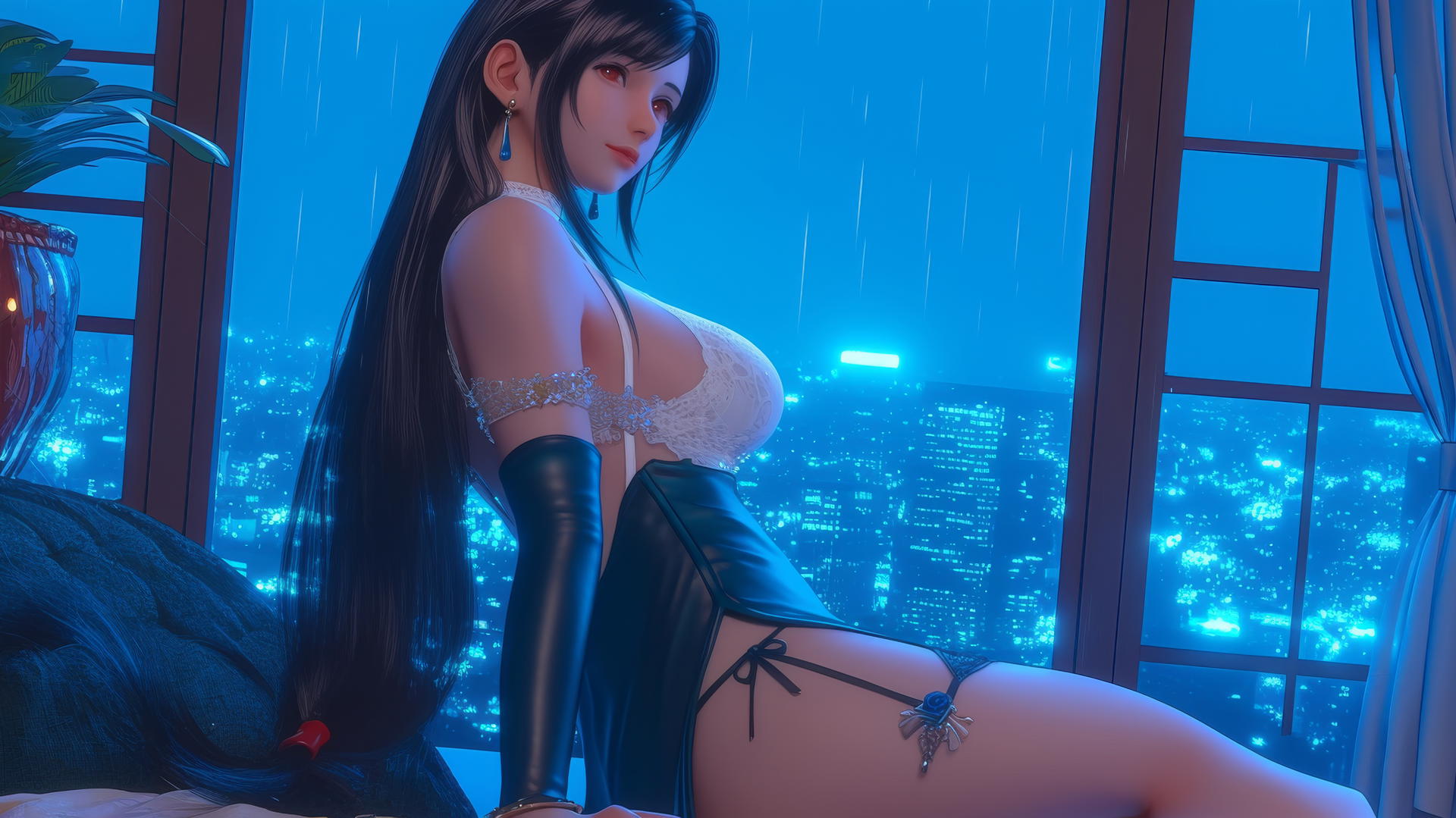 Tifa Lockhart resting in a modern hotel room with neon light glow