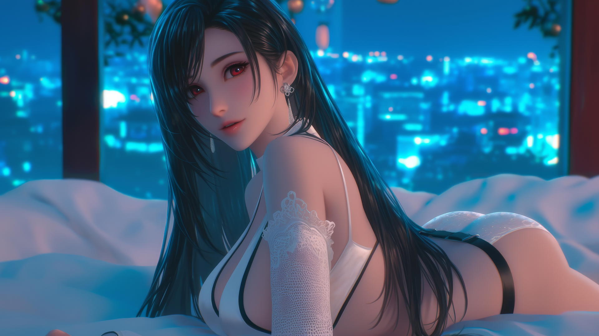 Tifa Lockhart from Final Fantasy seen from behind, crawling in a room with neon light