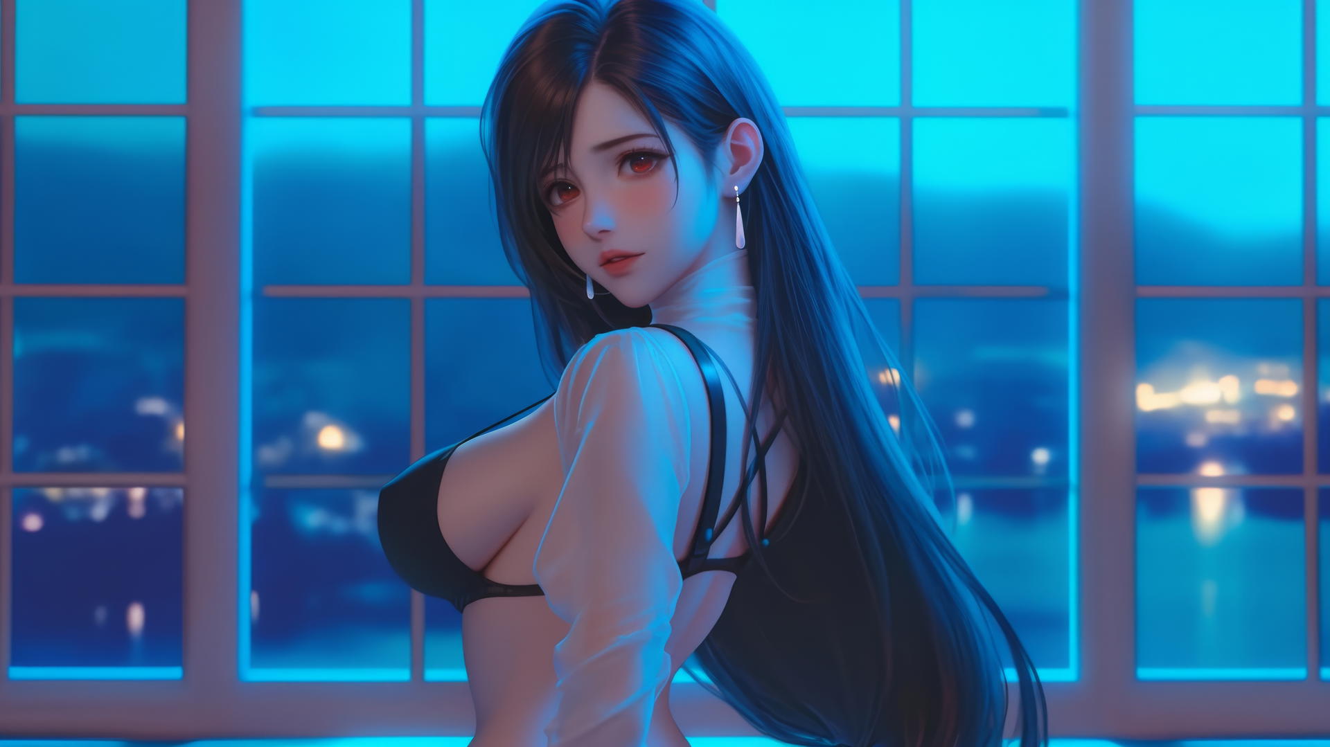 Tifa Lockhart crawling in a neon-lit room