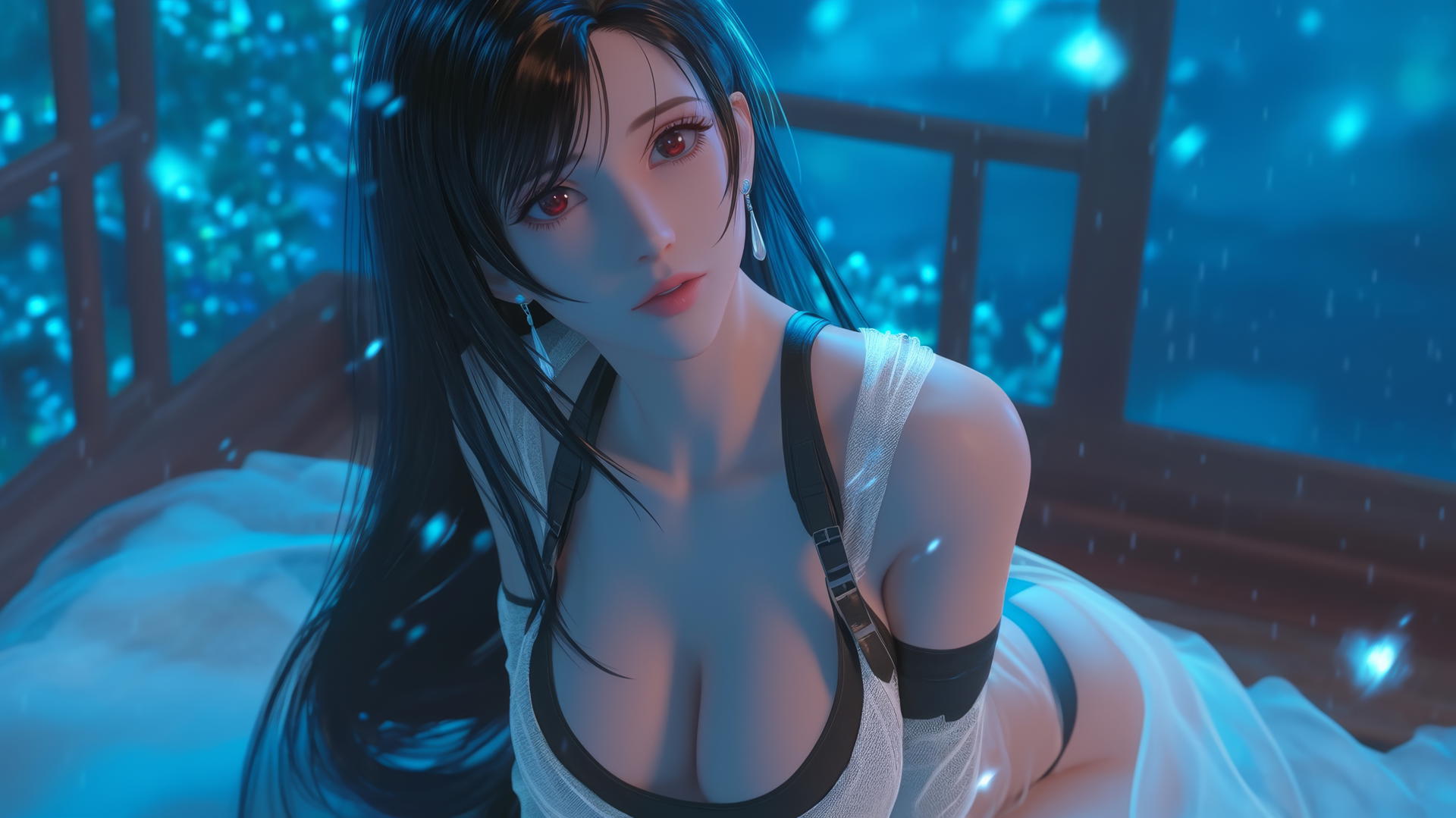 Tifa Lockhart kneeling underfoot in a neon-lit modern hotel room