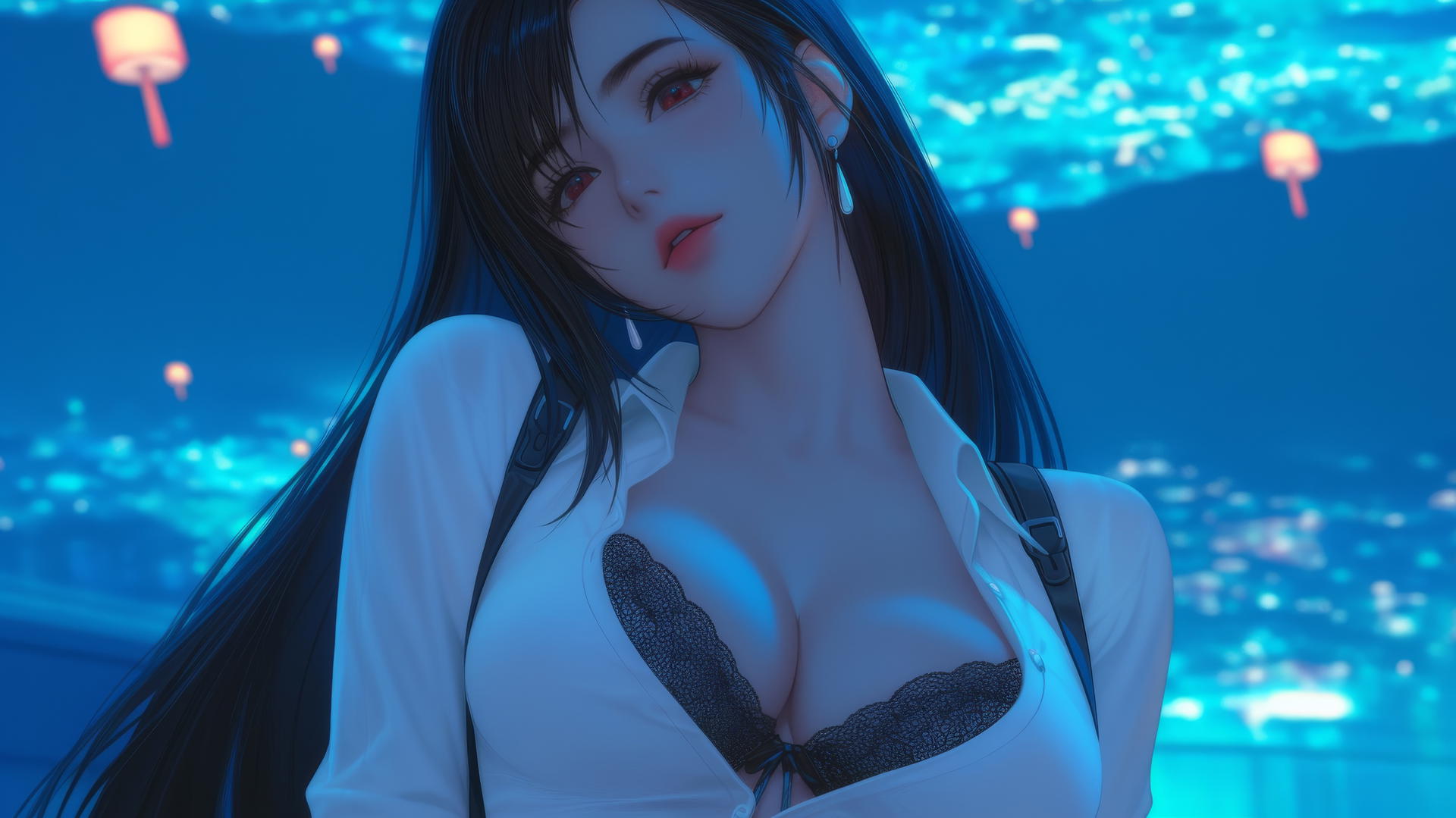 Tifa Lockhart from Final Fantasy looking down, in white office shirt, neon-lit hotel room.