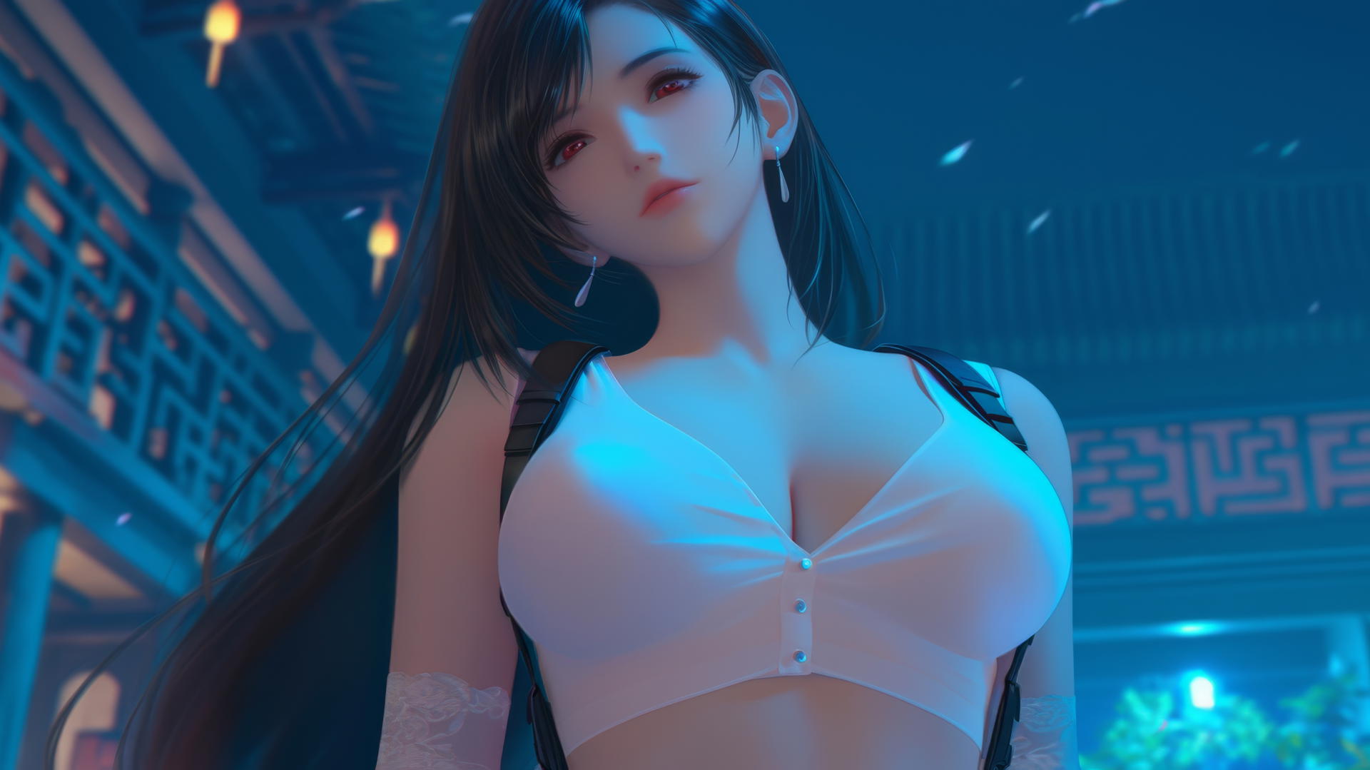Tifa Lockhart kneeling, seen from below, in a modern hotel room with neon light glow