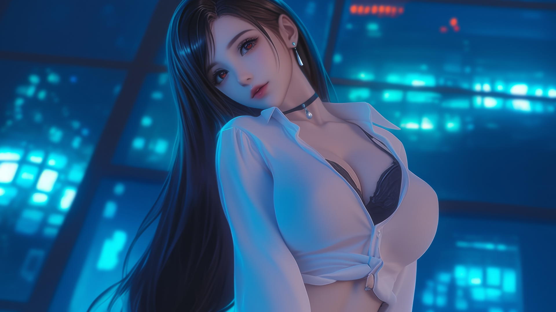 Tifa Lockhart kneeling in a modern hotel room with neon lighting