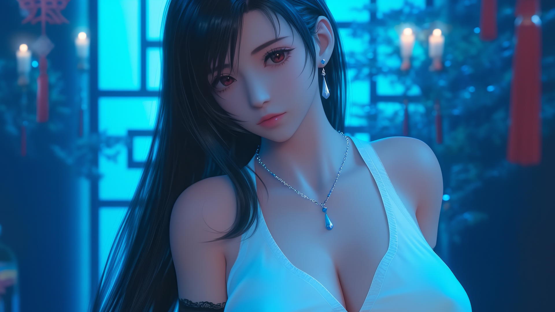 Tifa Lockhart kneeling in a white office shirt, seen from below, neon-lit hotel room