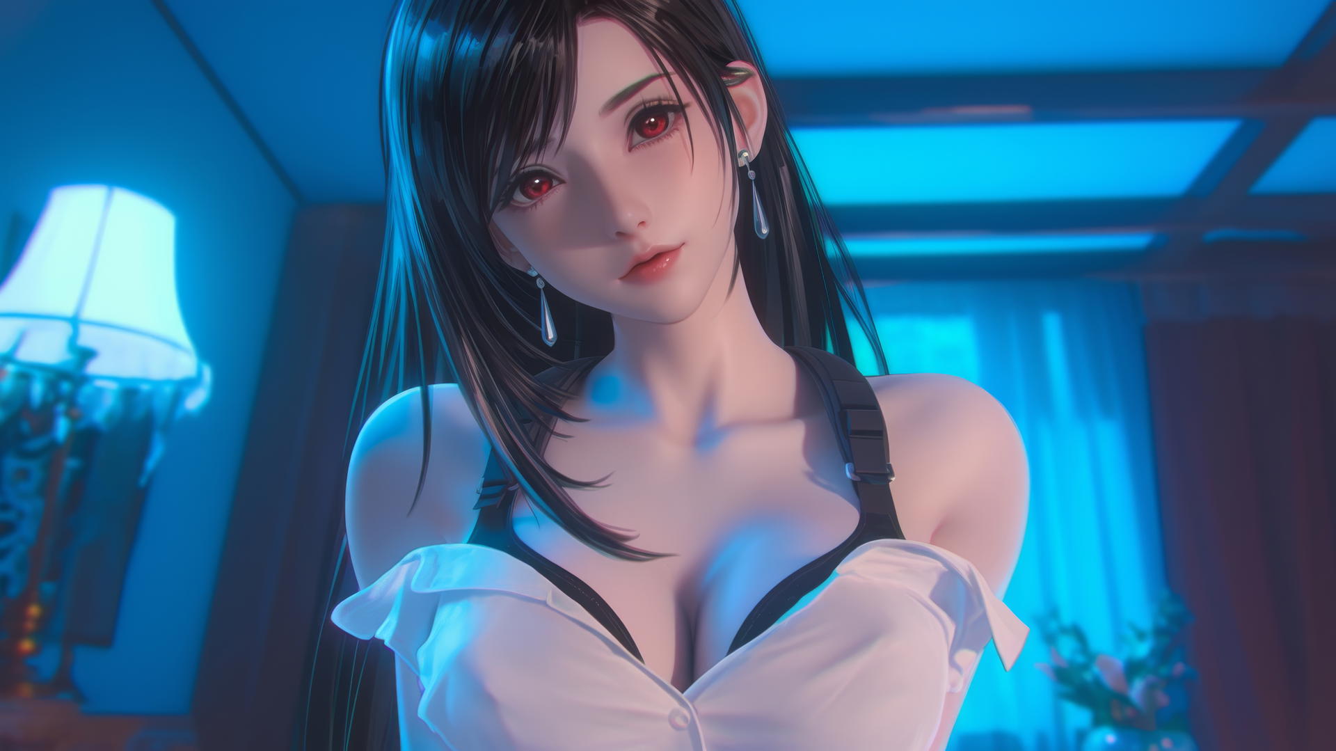Tifa Lockhart kneeling, wearing white office shirt, neon-lit modern hotel room.