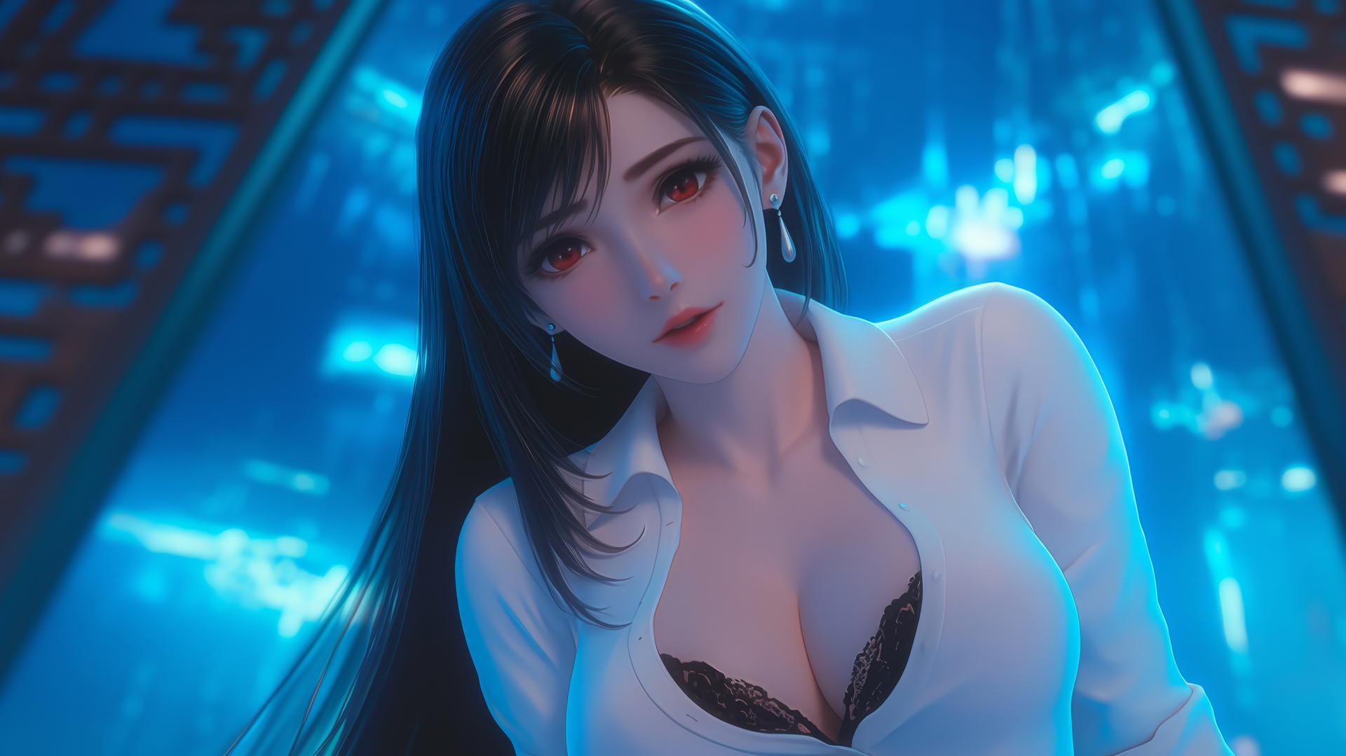 Tifa Lockhart from Final Fantasy kneeling in a modern hotel room with neon light.